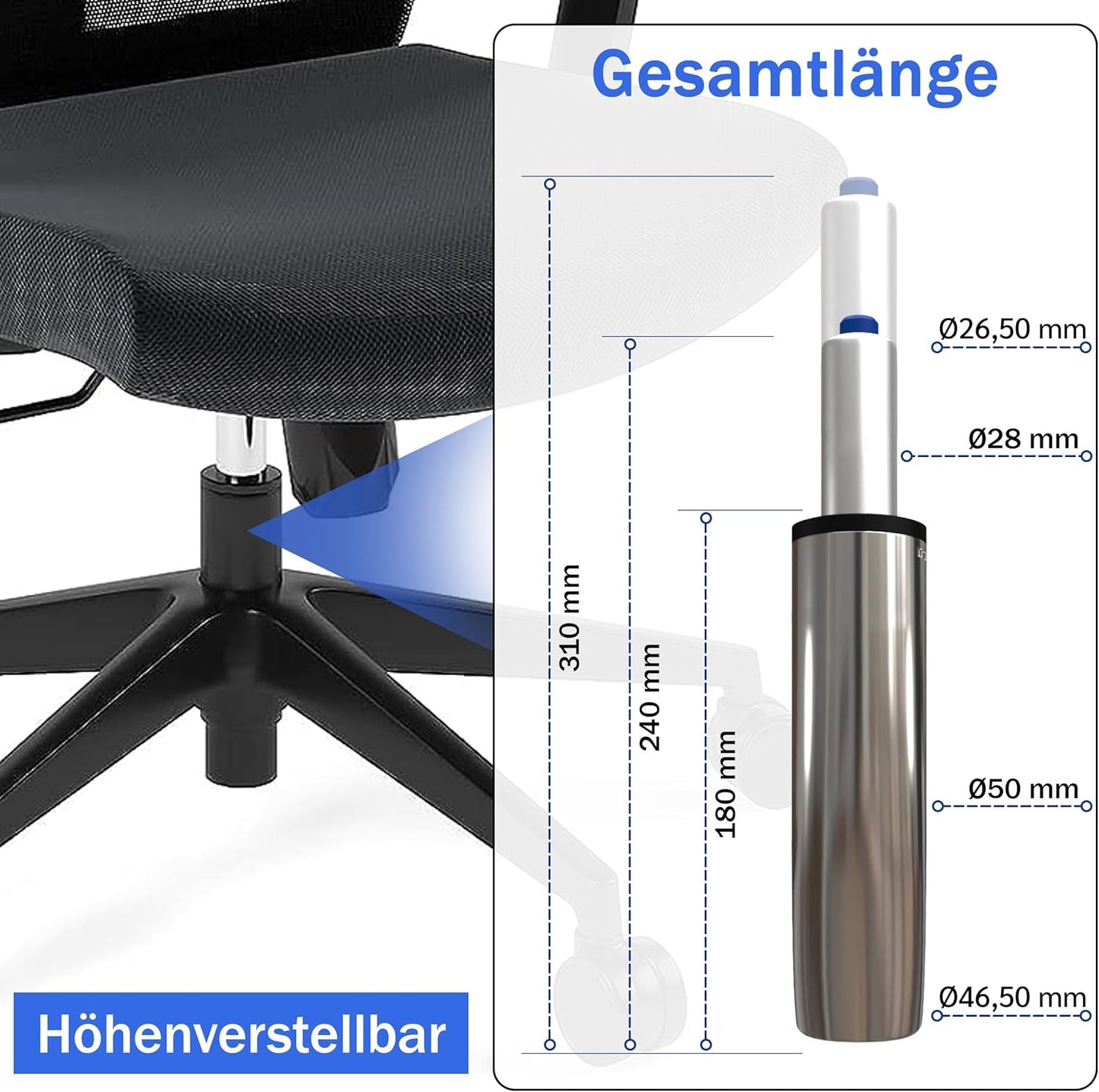 Gaslift-Gasdruckfeder für Bürostühle (Chrom), 310 mm Gesamtlänge Chrom