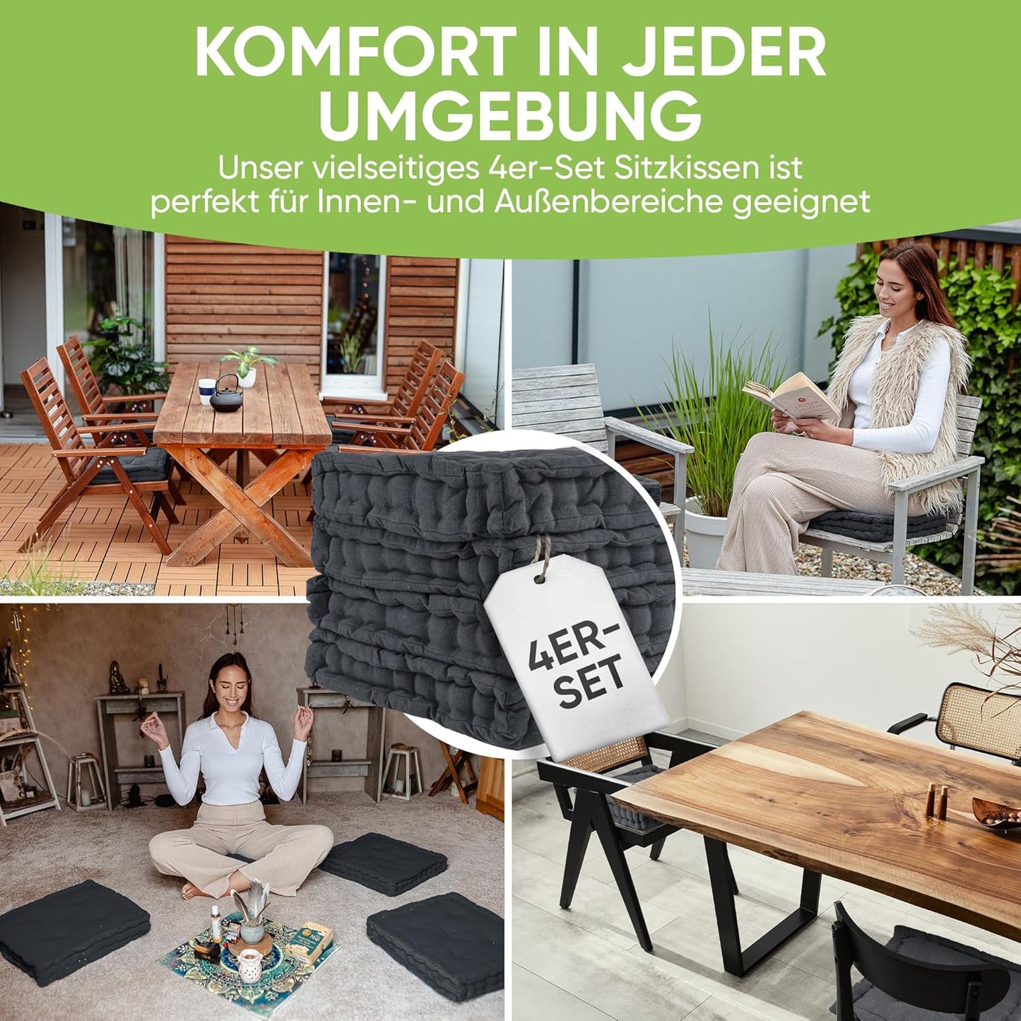 4er-Set Sitz- und Steppkissen, 4 Stück (1er Pack) Anthrazit