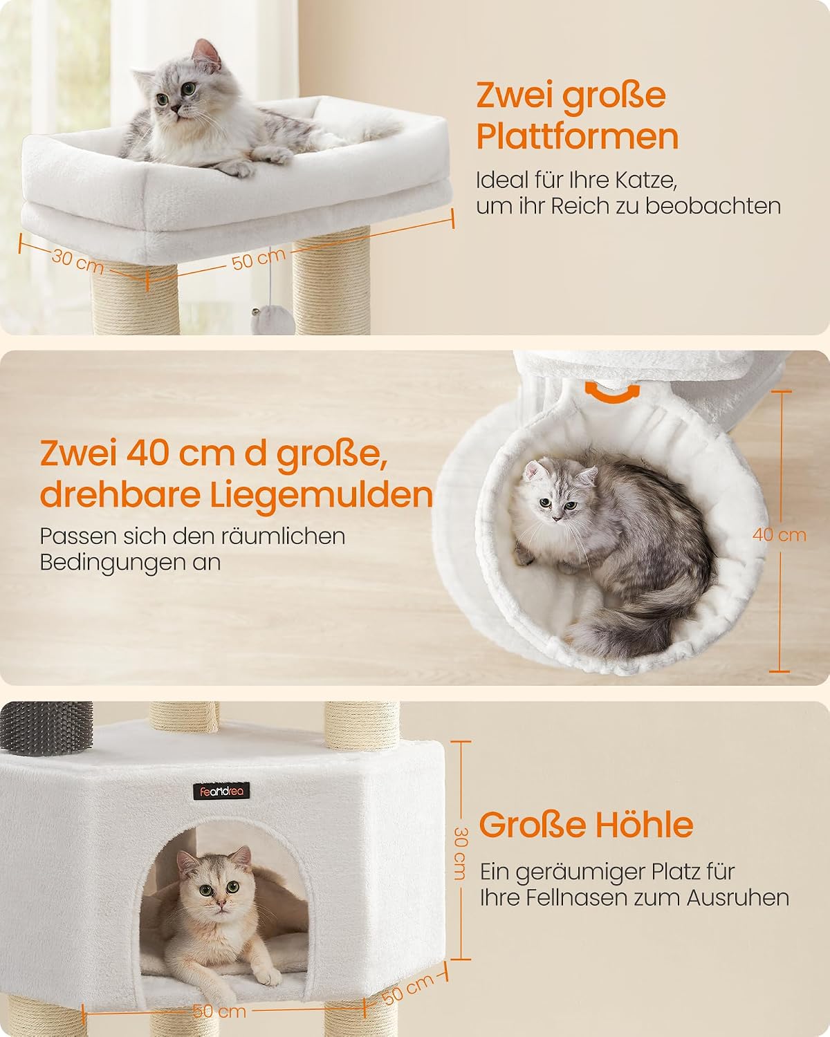 Kratzbaum für grosse Katzen mit Bürsten und Höhle, cremeweiss + beige