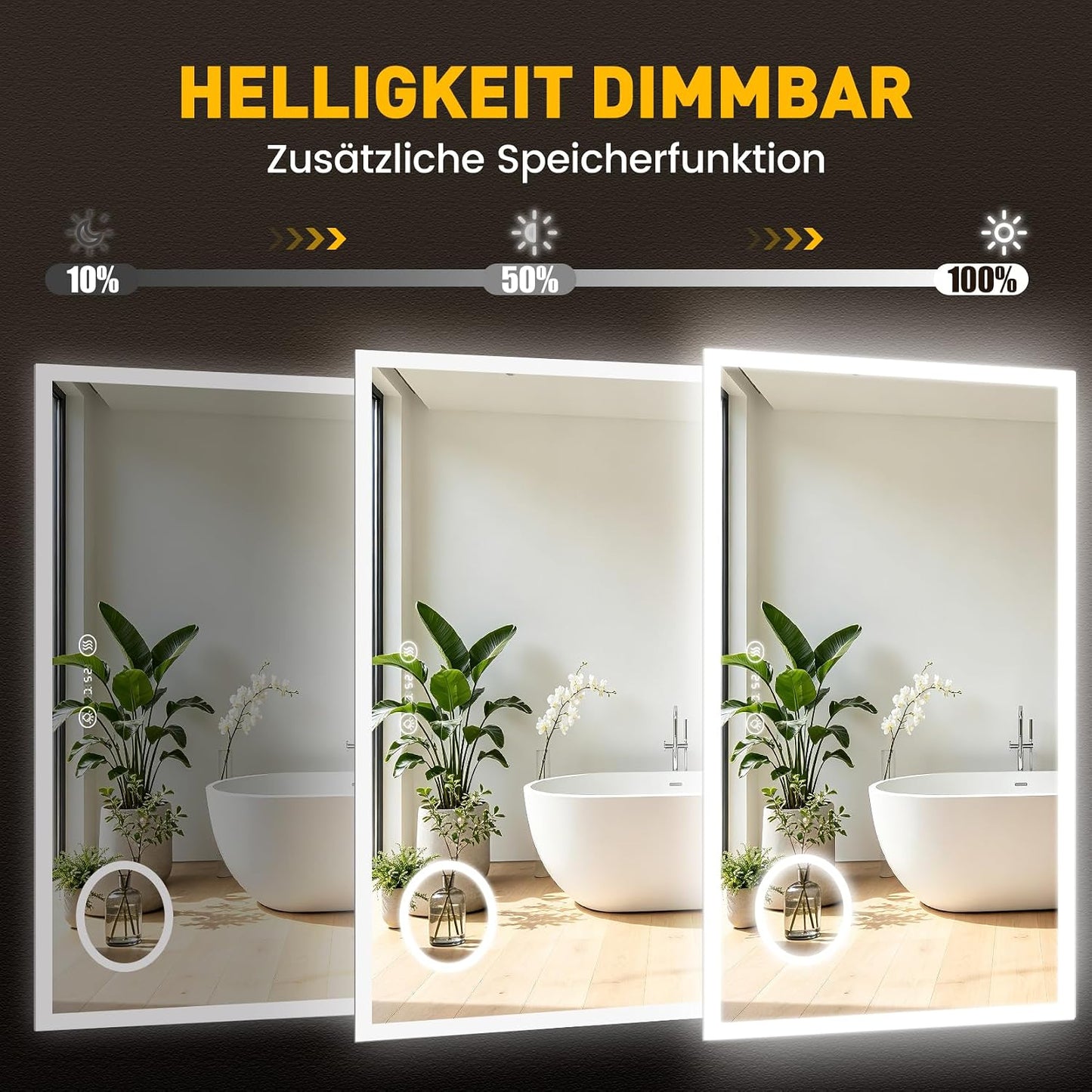 LED-Badspiegel mit Uhr und Schminkspiegel, 60L x 100B cm mit Uhr