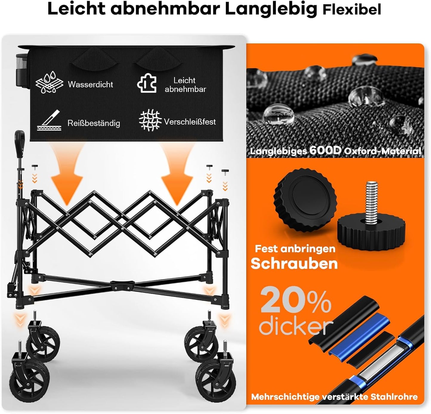 Faltbarer Bollerwagen mit Geländerädern, Schwarz