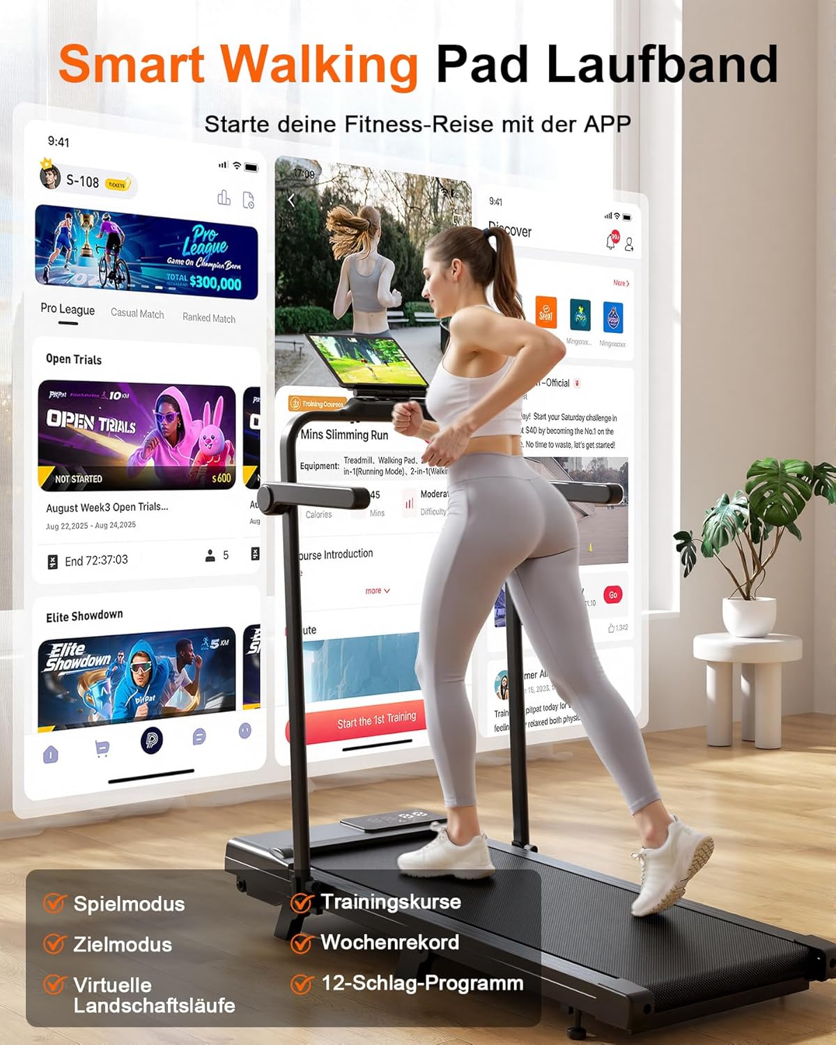 Raceable Walking Pad mit App & Fernbedienung, 95cm Mit Steigung 6% & 12km/h Schwarz