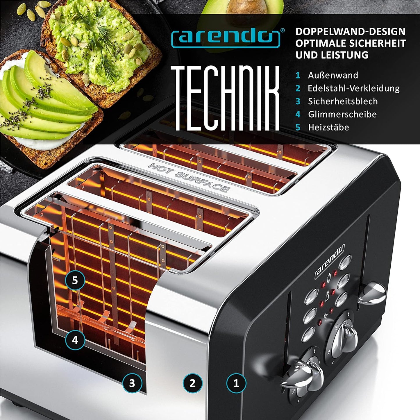 Breakfast X2 Toaster für 4 Scheiben, mit Auftau- Aufwärm- und Stoppfunktion, B: Schwarz