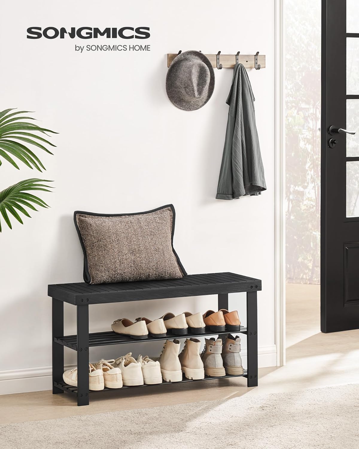 Schuhbank mit 3 Ebenen, Schwarz 90L cm