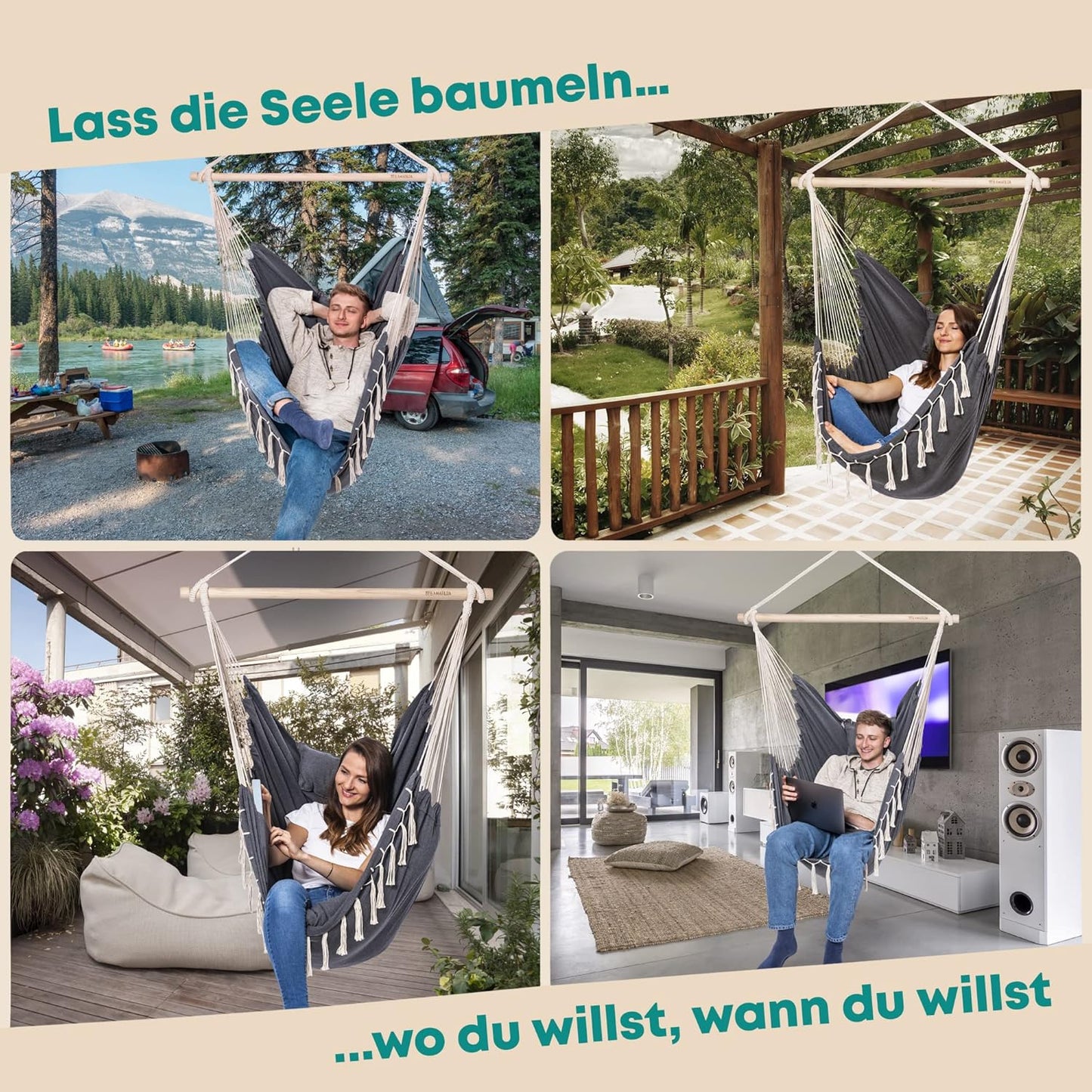 XXL Hängesessel mit Kissen, Grau-beige