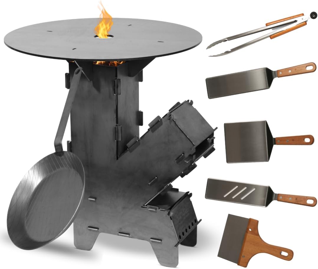 Raketenofen Set mit Feuerplatte und Grillzubehör, Raketenofen mit Grillplatte Bratpfanne und Grillbesteck