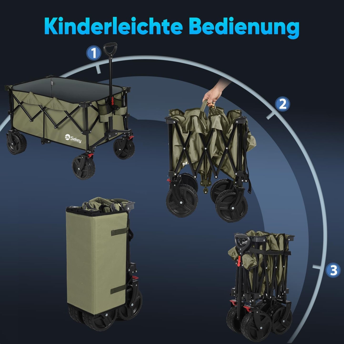 XXL Plus Bollerwagen mit Bremsen, Olivgrün 8cm Räder