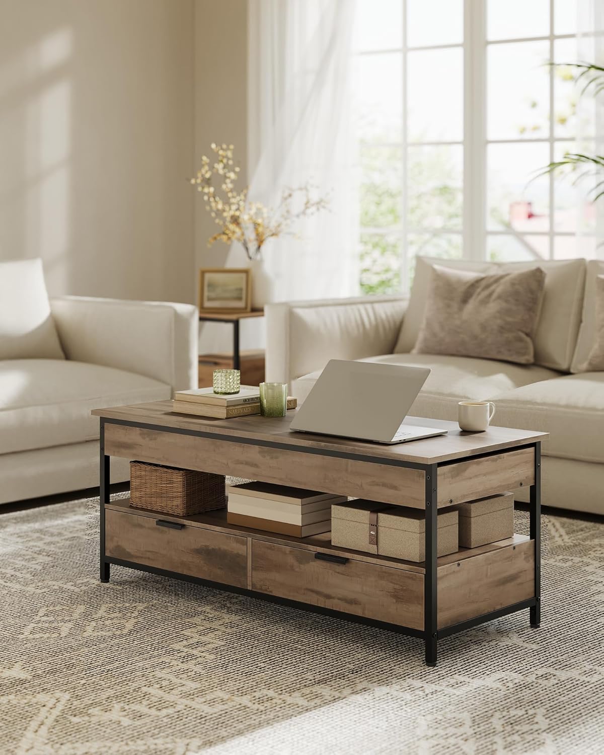 Höhenverstellbarer Couchtisch mit Schubladen und Fach, 50 cm x 120 cm Kamelbraun + Tintenschwarz