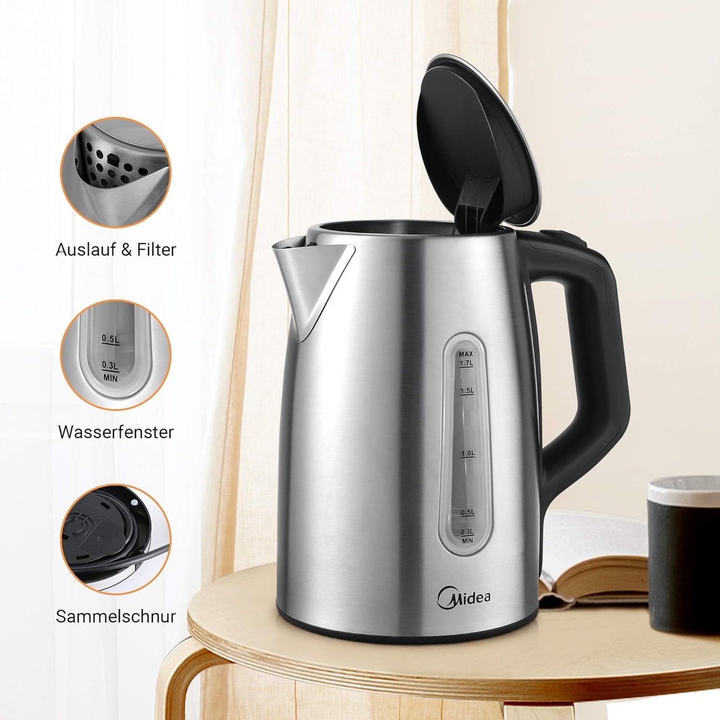Wasserkocher mit Temperatureinstellung, 1.7L Edelstahl-silber