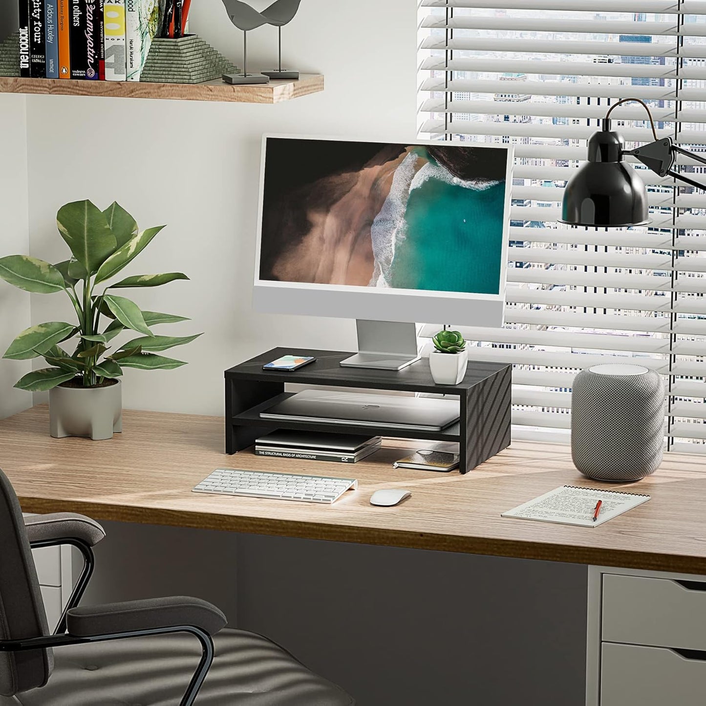 Ergonomischer Monitorständer mit Ablage, Schwarz 42.5x23.5x14cm