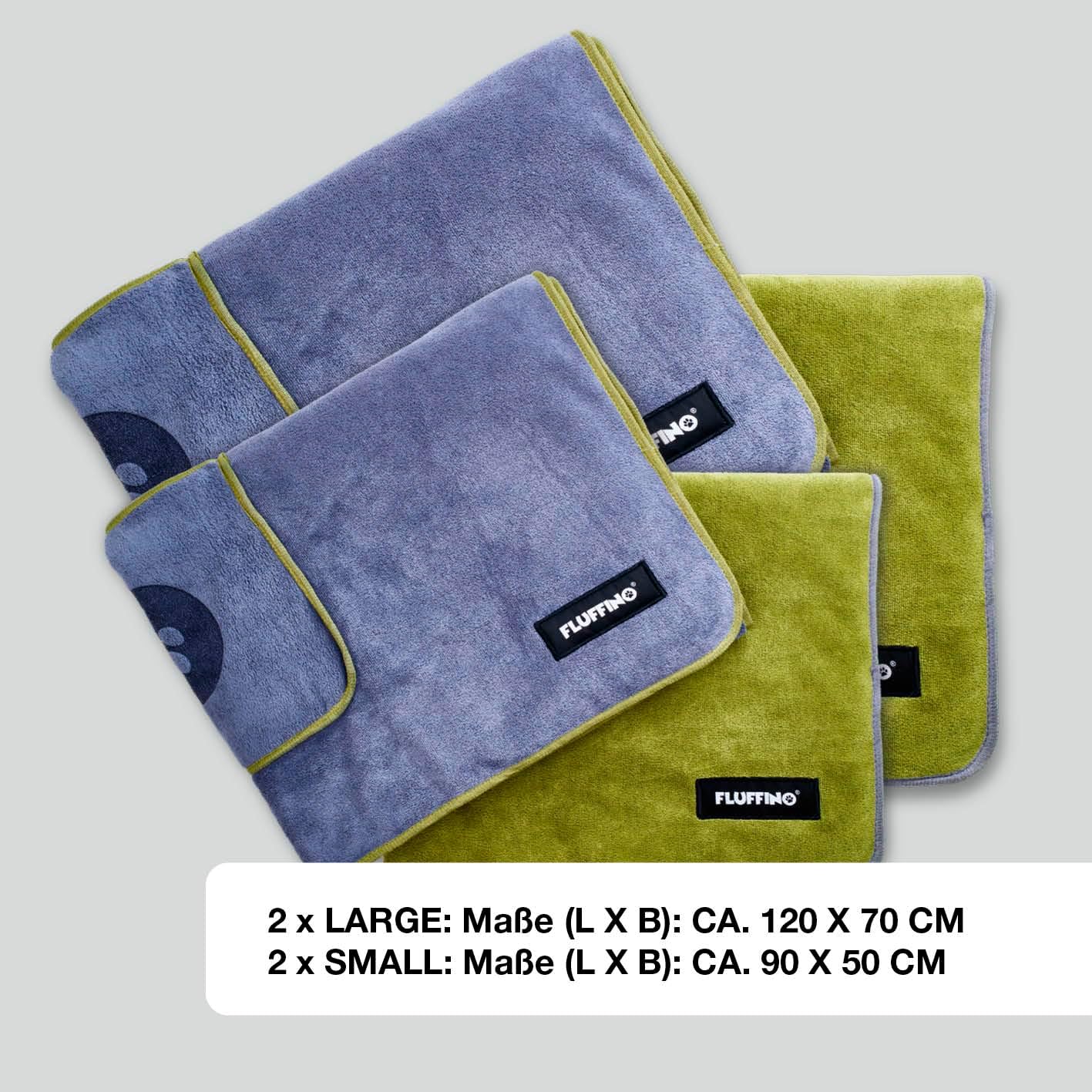 Saugfähige Mikrofaser-Hundehandtücher, Grau & Grün 90 x 50 cm & 120 x 70 cm