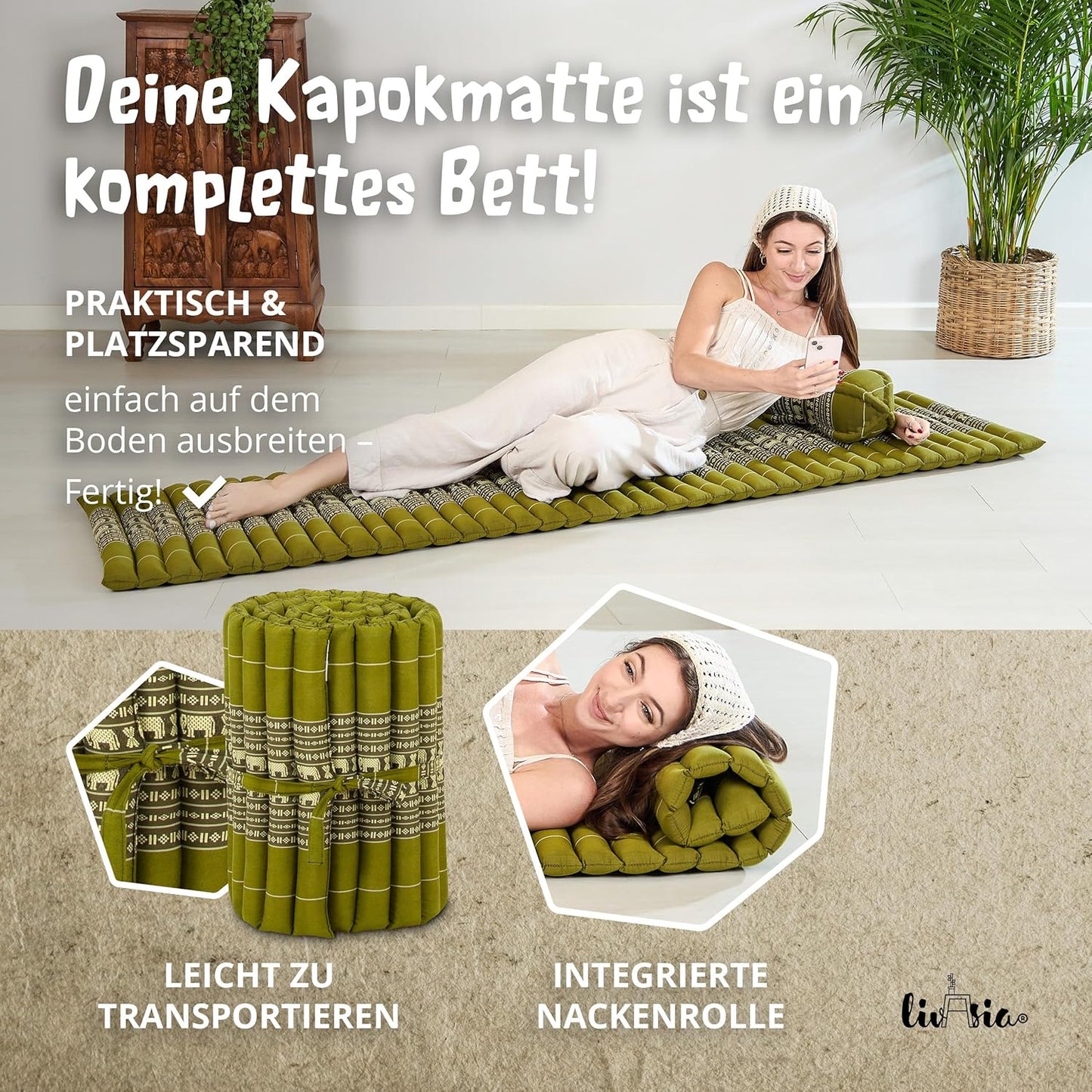 Rollmatte Rollmatratze für Gäste (200x50x4,5 cm), S (200 x 50 cm) Grün/Elefanten