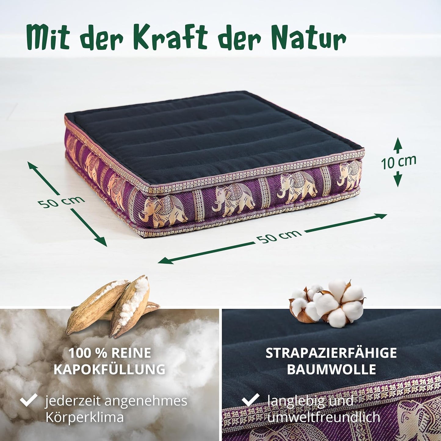 Meditationskissen, Schwarz/Lila/Elefanten Seide