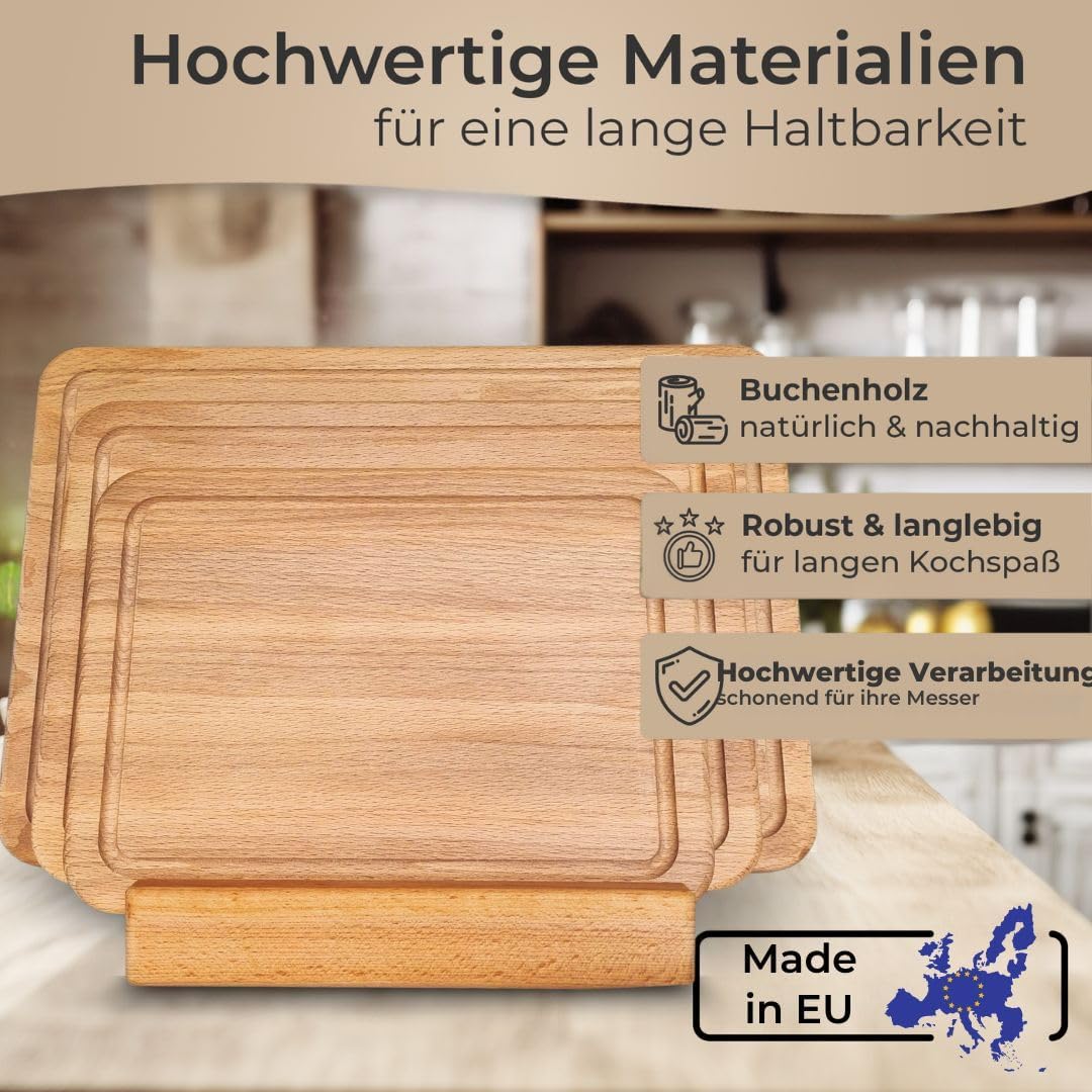 3er-Set Schneidebrett mit Ständer, Schneidebretter Set Buchenholz