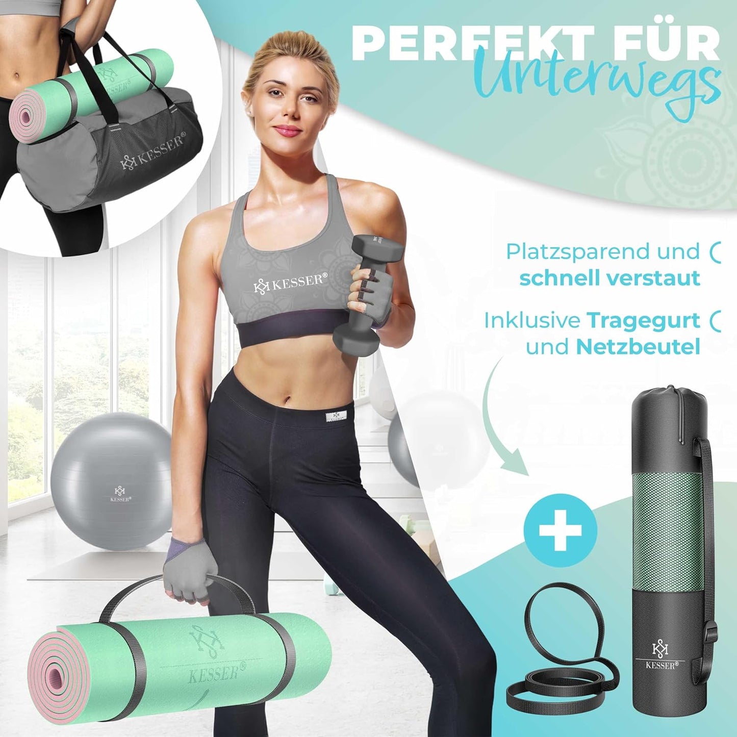 Gymnastik- und Fitnessmatte mit Tragegurt, Mint / Rose