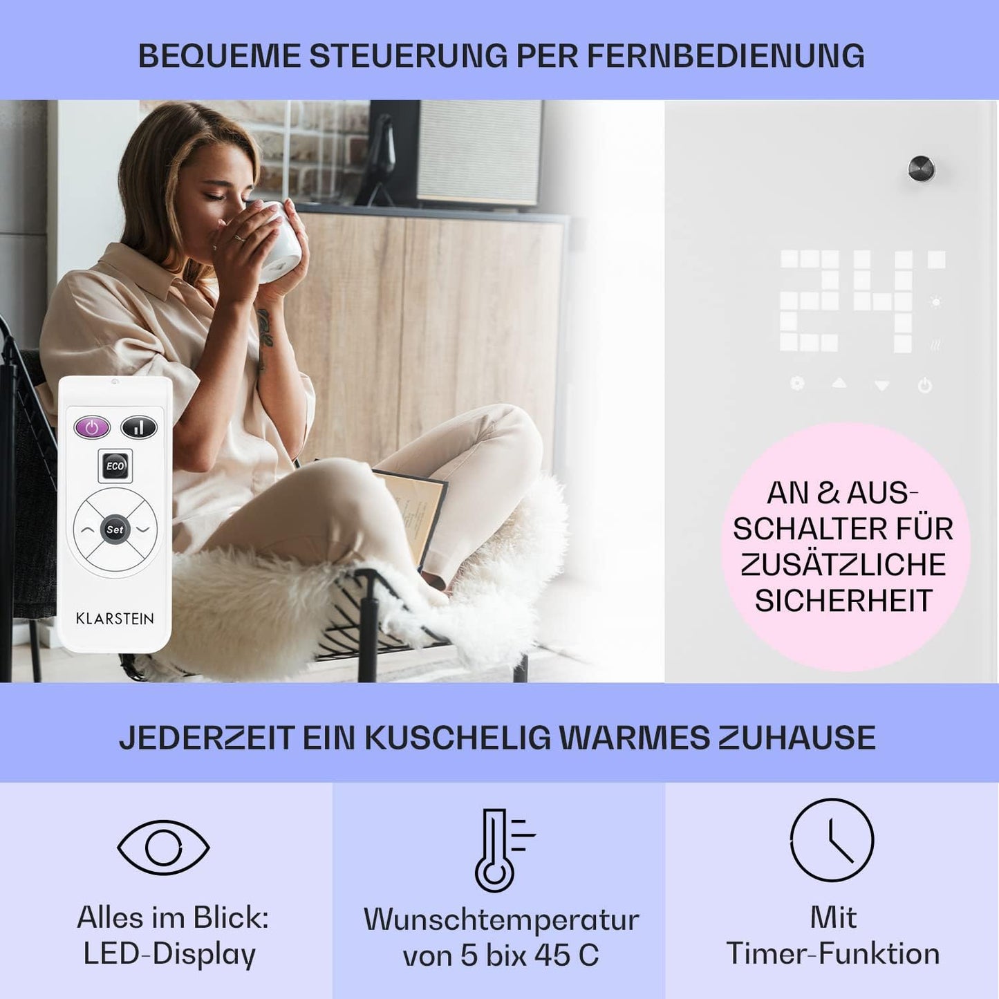 Konvektorheizung mit Fernbedienung und LED-Display, Weiss / Bornholm Curved