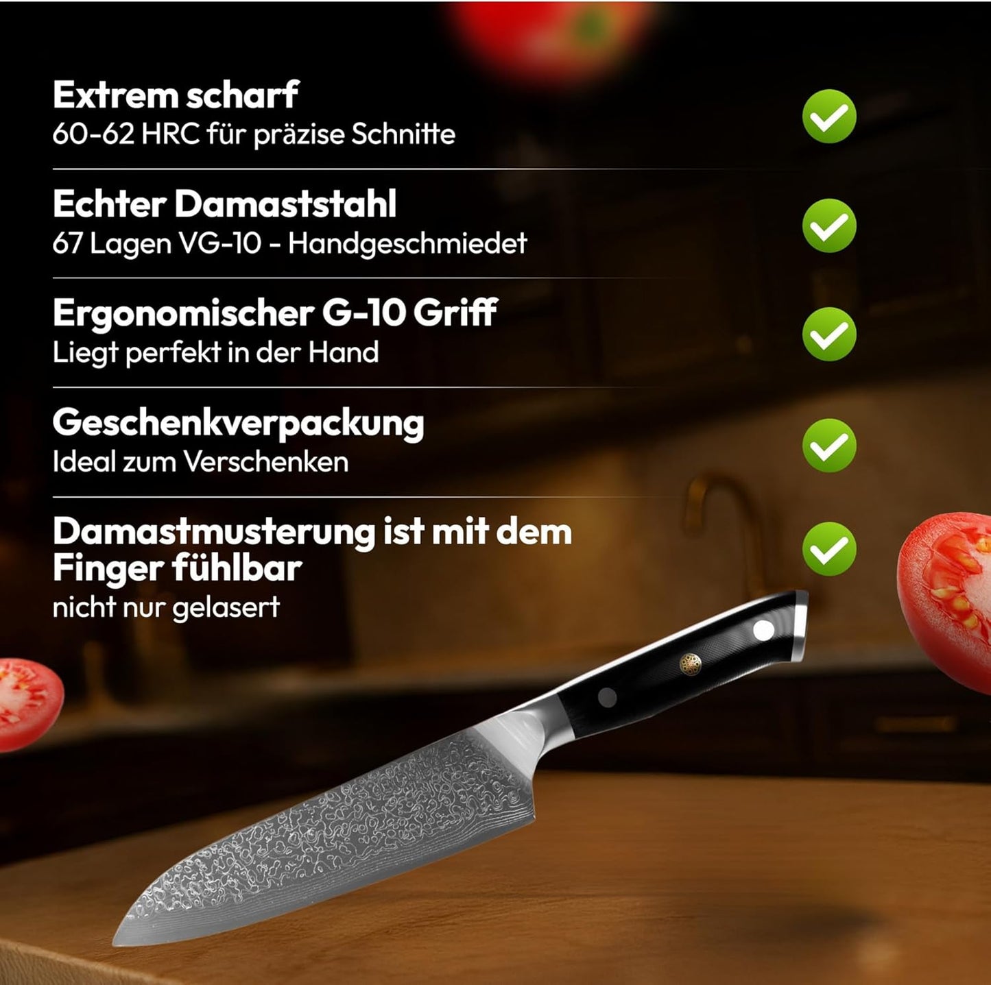 Damast Santokumesser mit VG10 Stahl, Damast Santokumesser 1.0