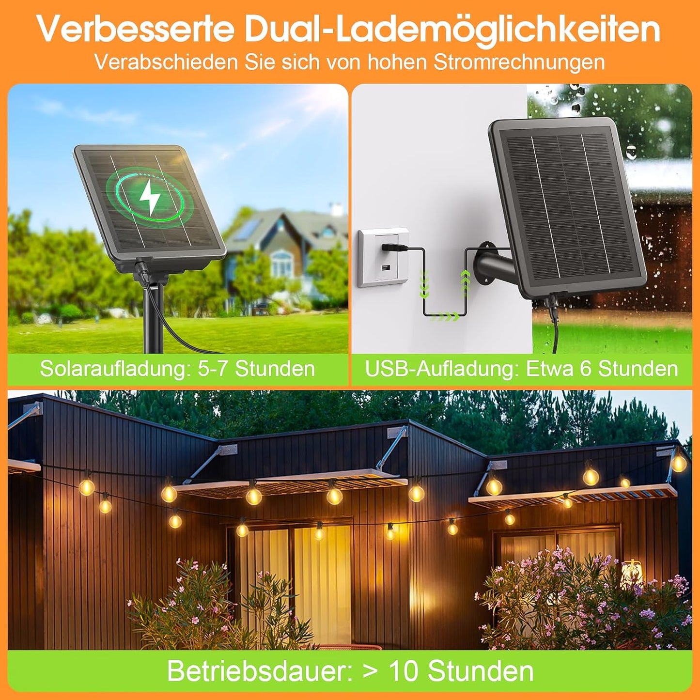 Solar LED Lichterkette mit 55+2 G40 Glühbirnen, 45 m Solar