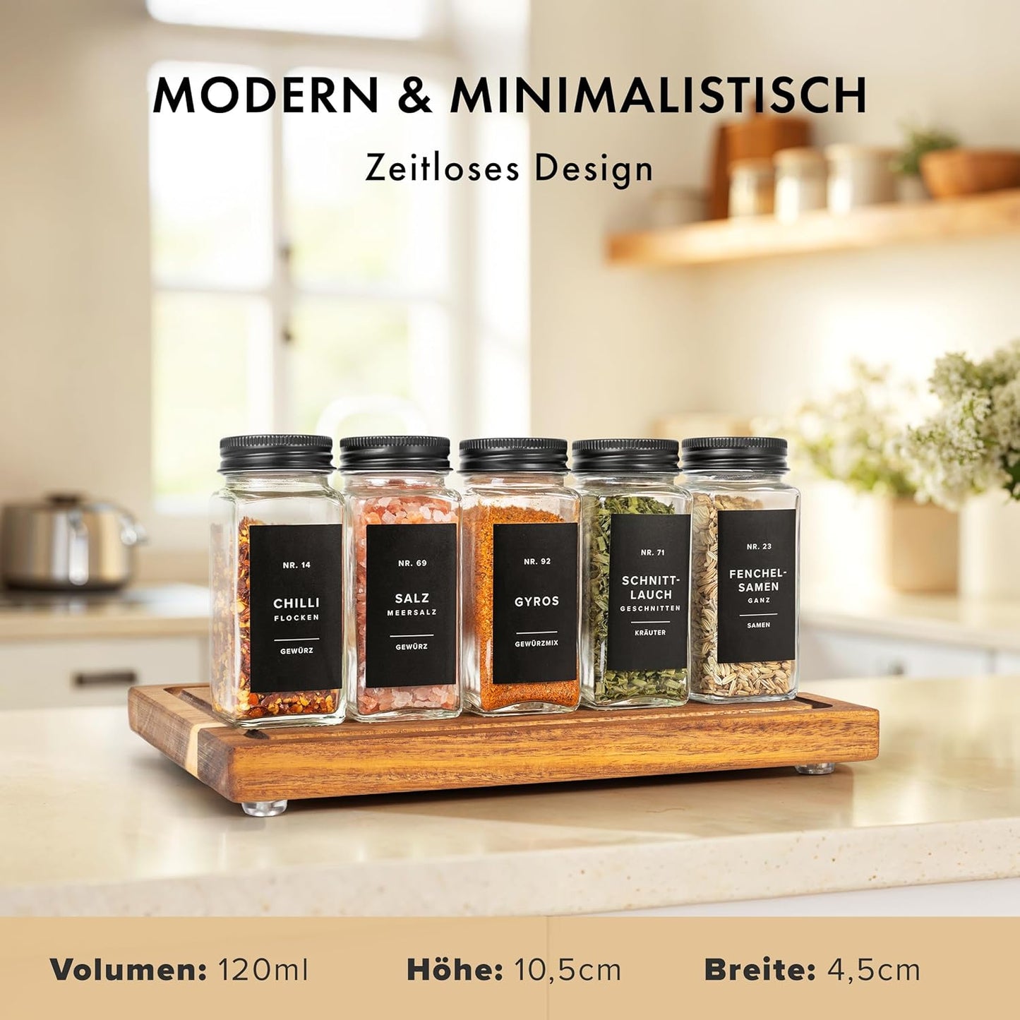 24 x Gewürzgläser-Set mit Deckel, Etiketten, Streueinsätzen und Trichter, 24x Gewürzgläser mit Schwarzem Deckel