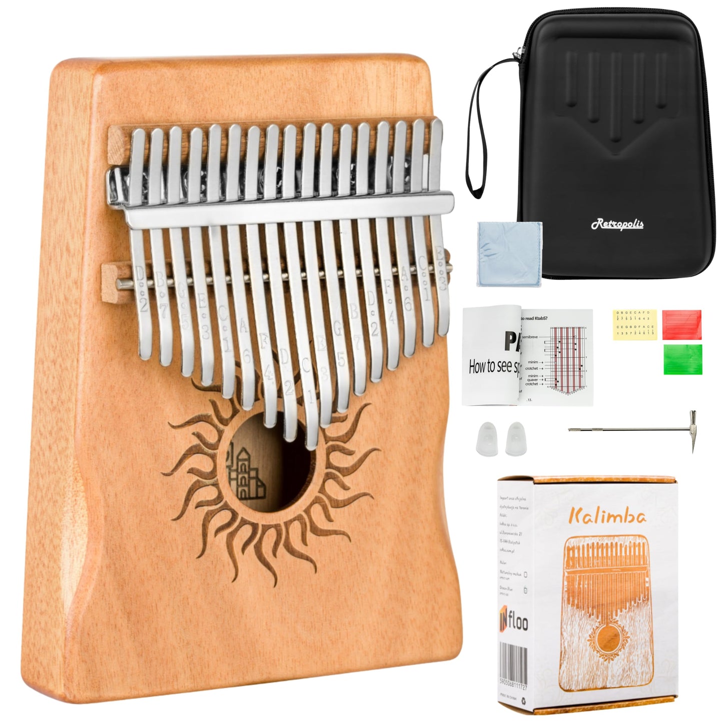 Kalimba 17 Töne C-Dur mit Etui und Zubehör, Brown