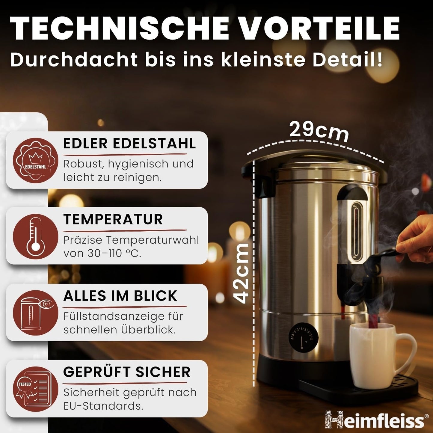 Glühweinkocher mit Zapfhahn und Thermostat, 6,8 Liter Silber (Inkl. Abtropfschale)