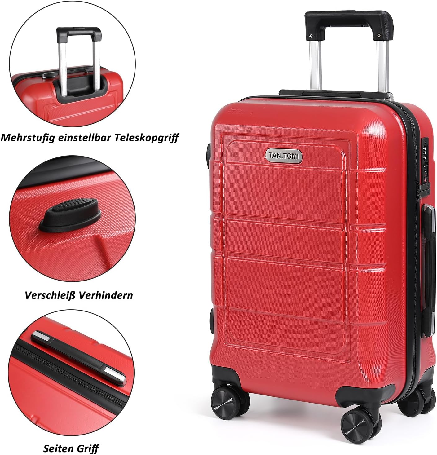 Hartschalenkoffer mit 4 Rollen und Zahlenschloss, Rot 24 Inch (Large)