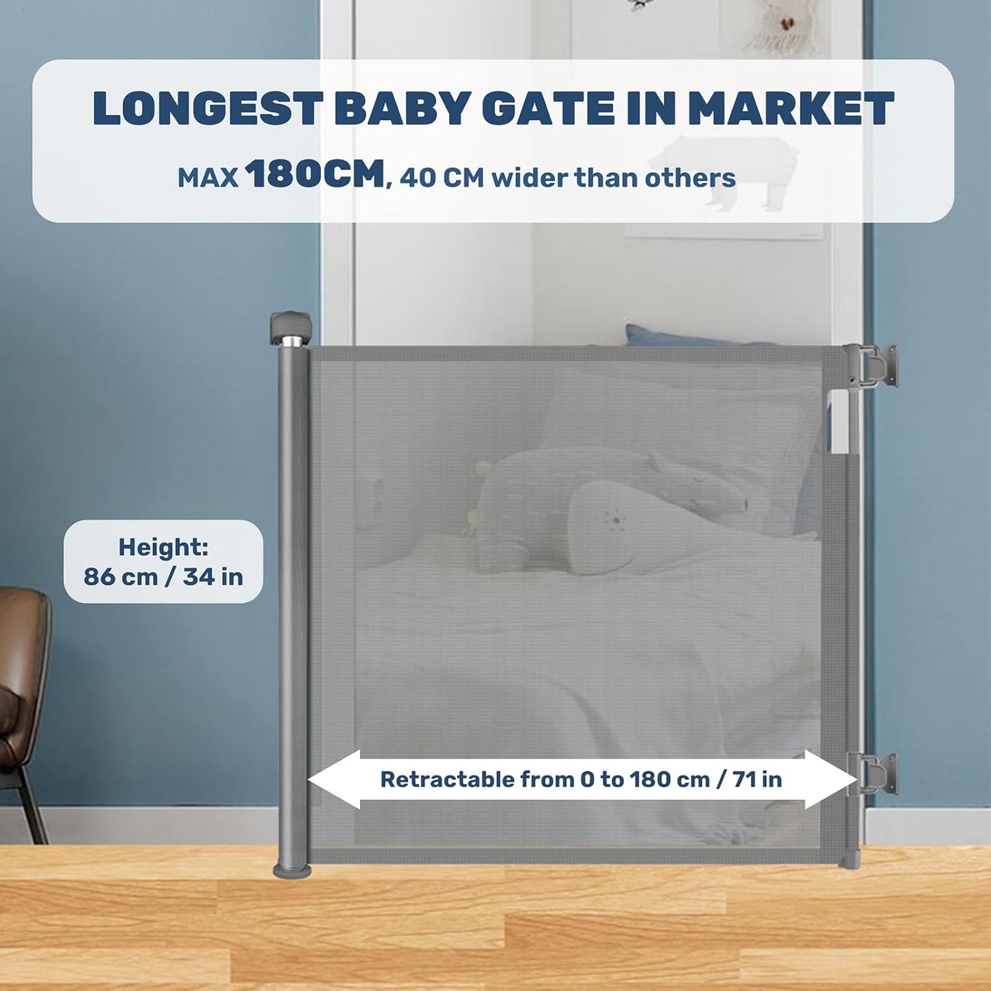 Treppen- und Türschutzgitter für Babys und Haustiere, Grau|180cm