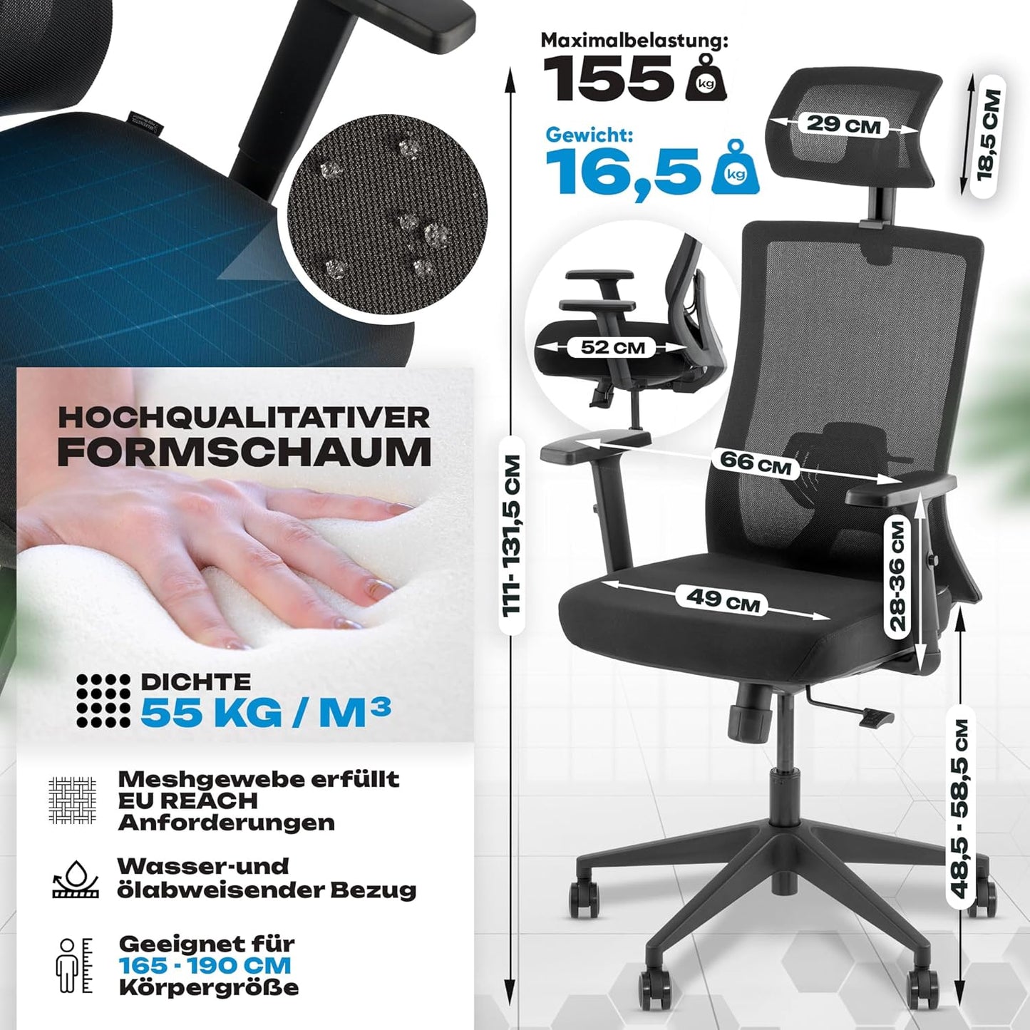 Ergonomischer Bürostuhl mit Kopfstütze und Armlehnen, M3 Komfort (Schwarz)