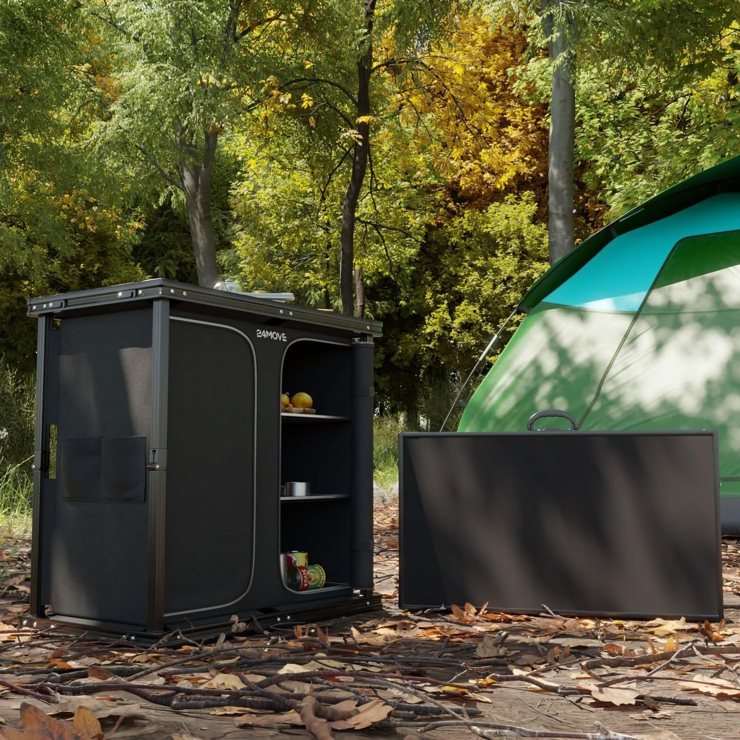 Faltbare Campingküche mit höhenverstellbarem Schrank, 84x50x80 Aversa Schwarz