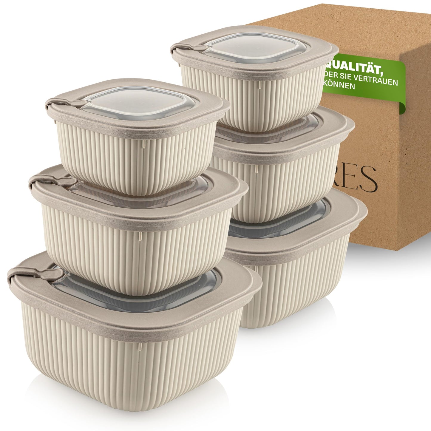 6-teiliges Frischhaltedosen-Set mit Ventildeckel, Beige 6er Set Quadratisch