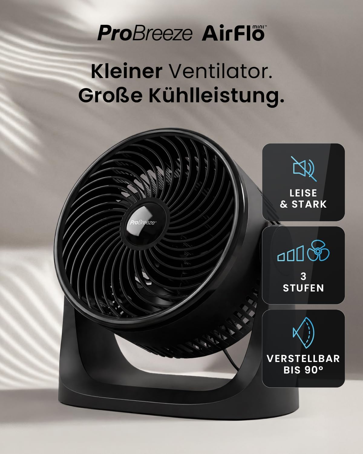 Mini Tischventilator mit 3 Stufen, Schwarz