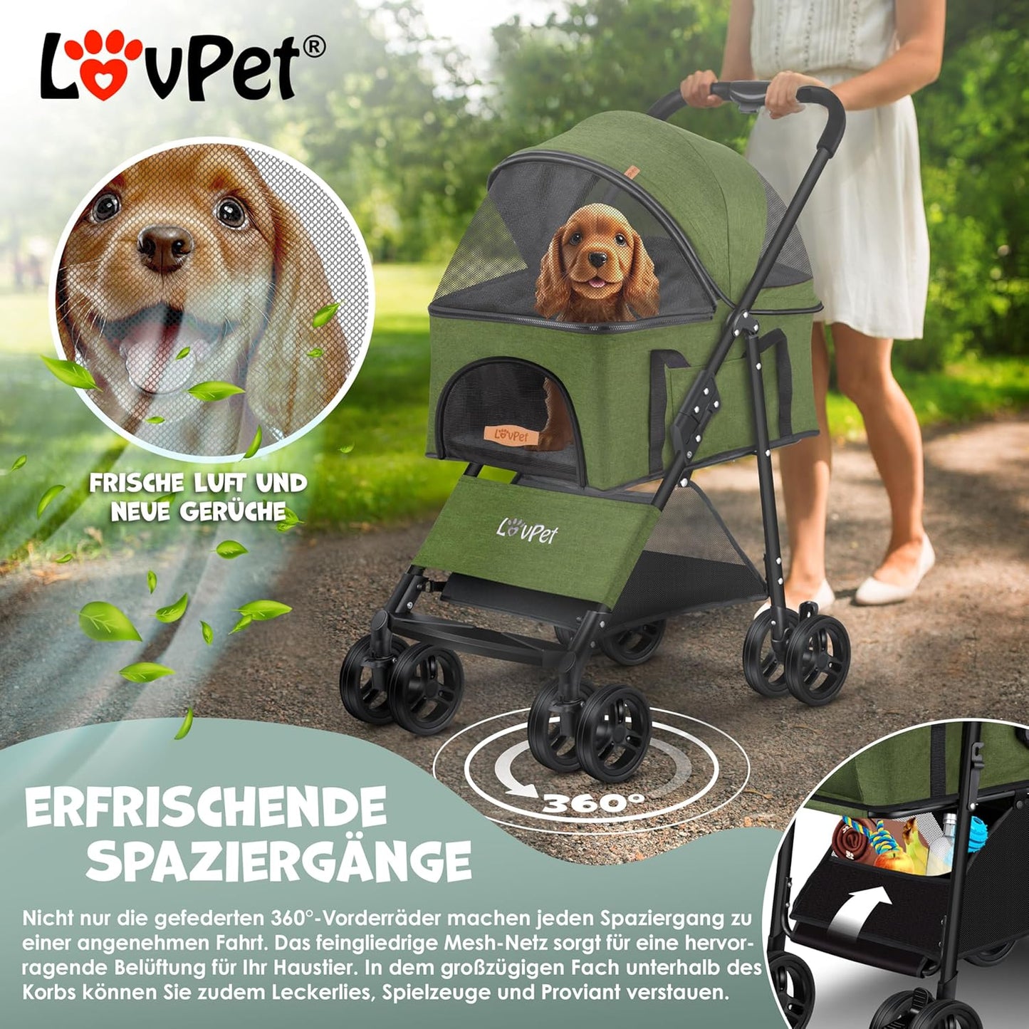 Hundewagen mit Transporttasche, Grün