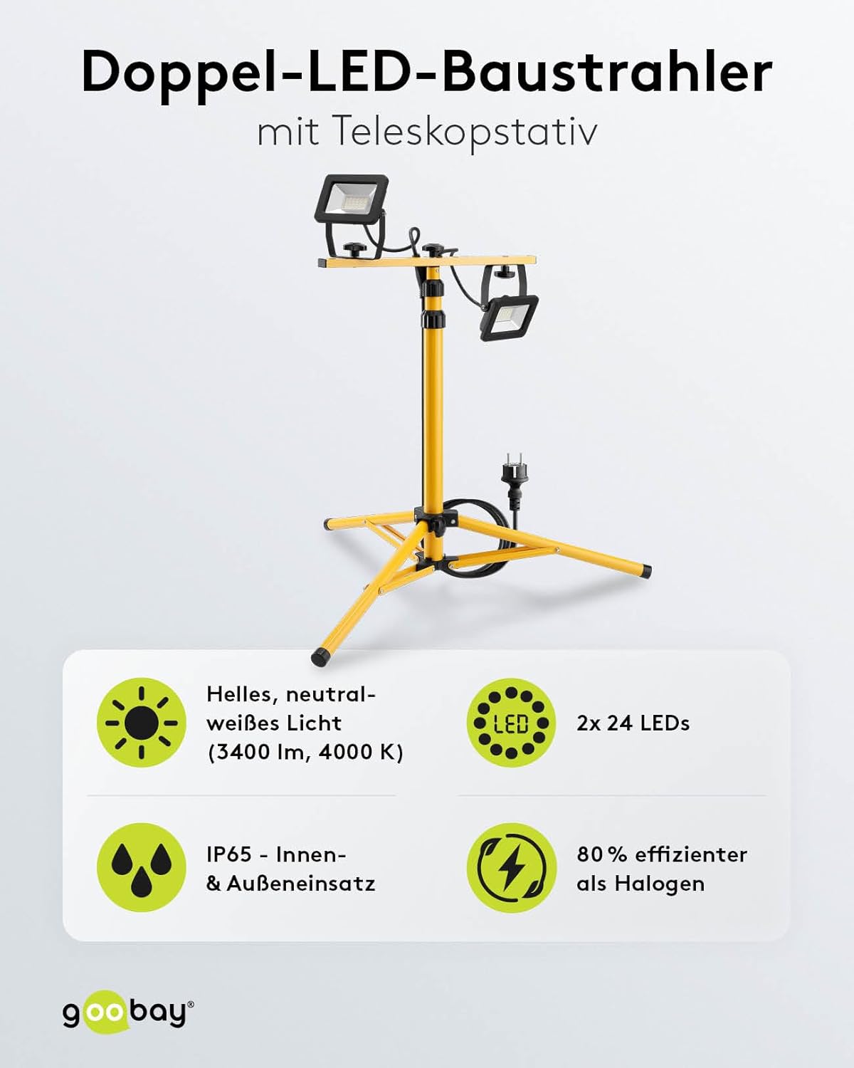 LED Baustrahler auf Teleskopstativ 57845, 2x 20 Watt (Version 2022)