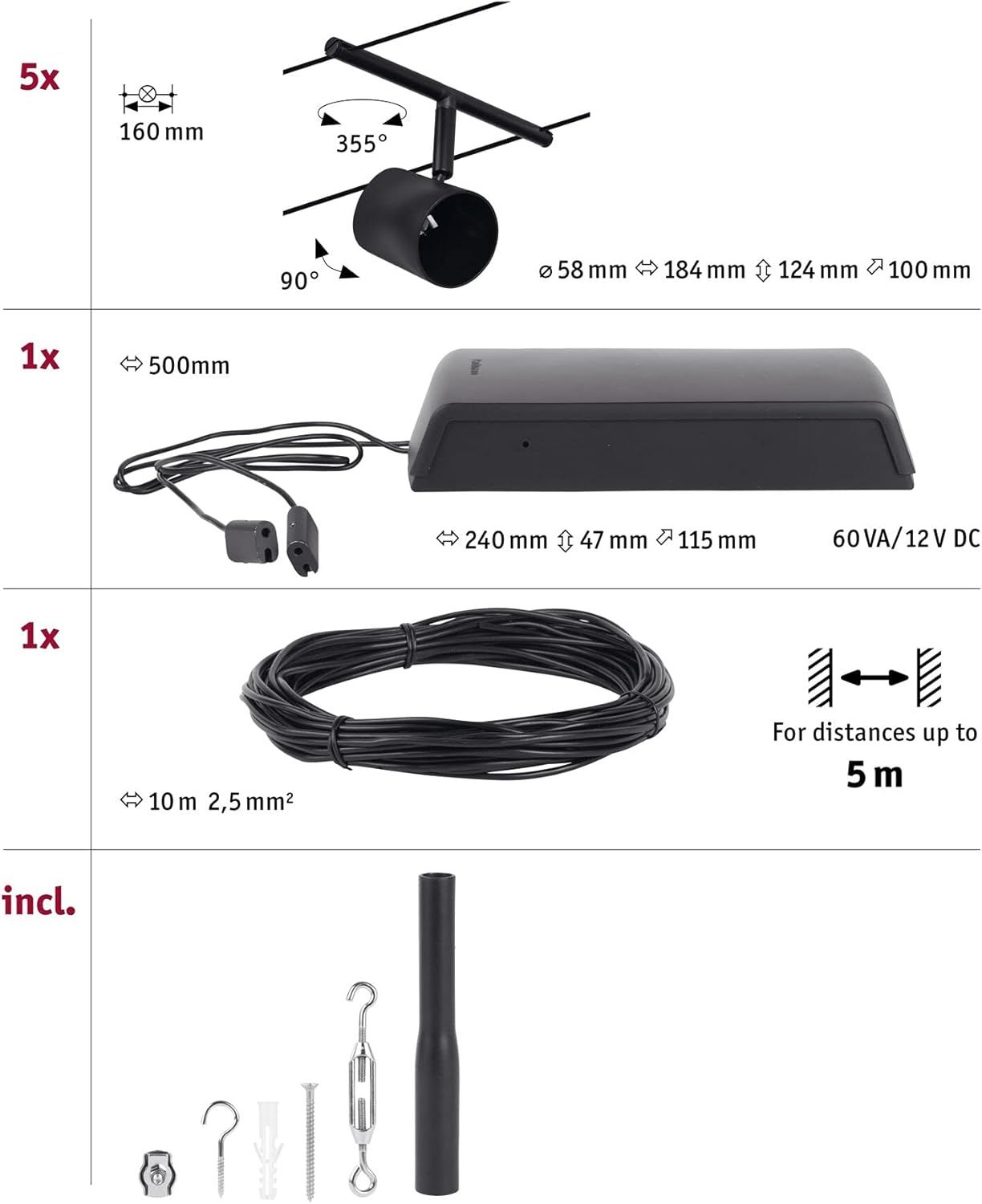 5er-Set Seilsystem CorDuo, 5er-Set Cup Schwarz Matt, Chrom