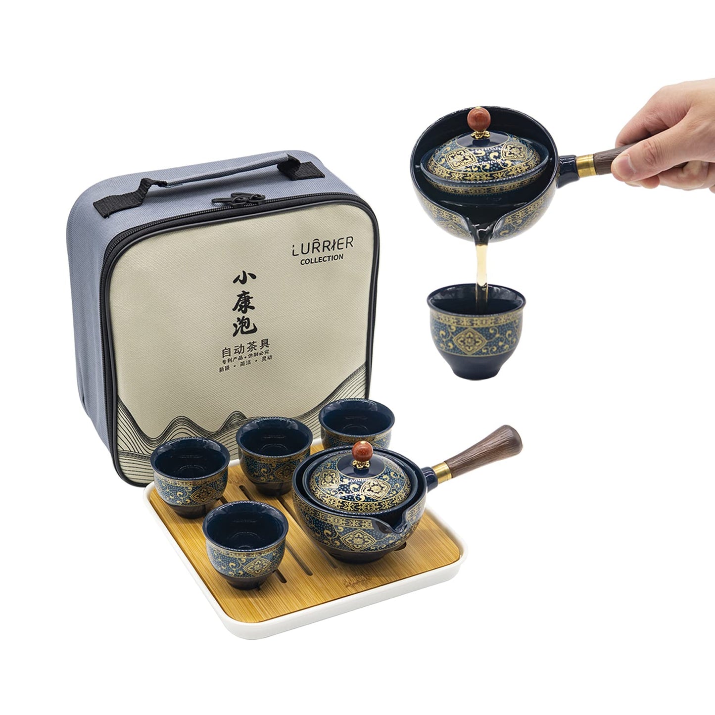 Chinesisches Gongfu-Tee-Set mit drehbarem Teebereiter, Blumenblau