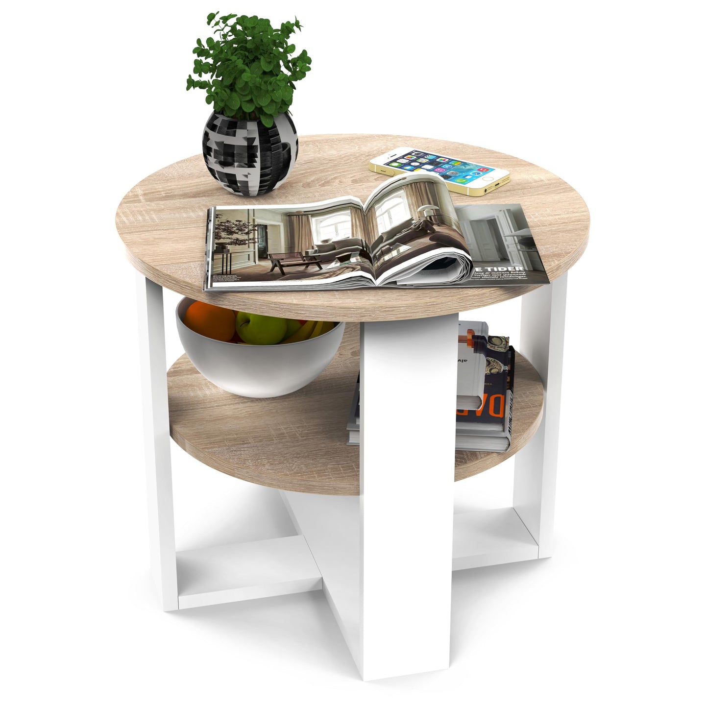 Runder Couchtisch mit Ablage, Weiß & Sonoma Eiche Durchmesser: 53CM