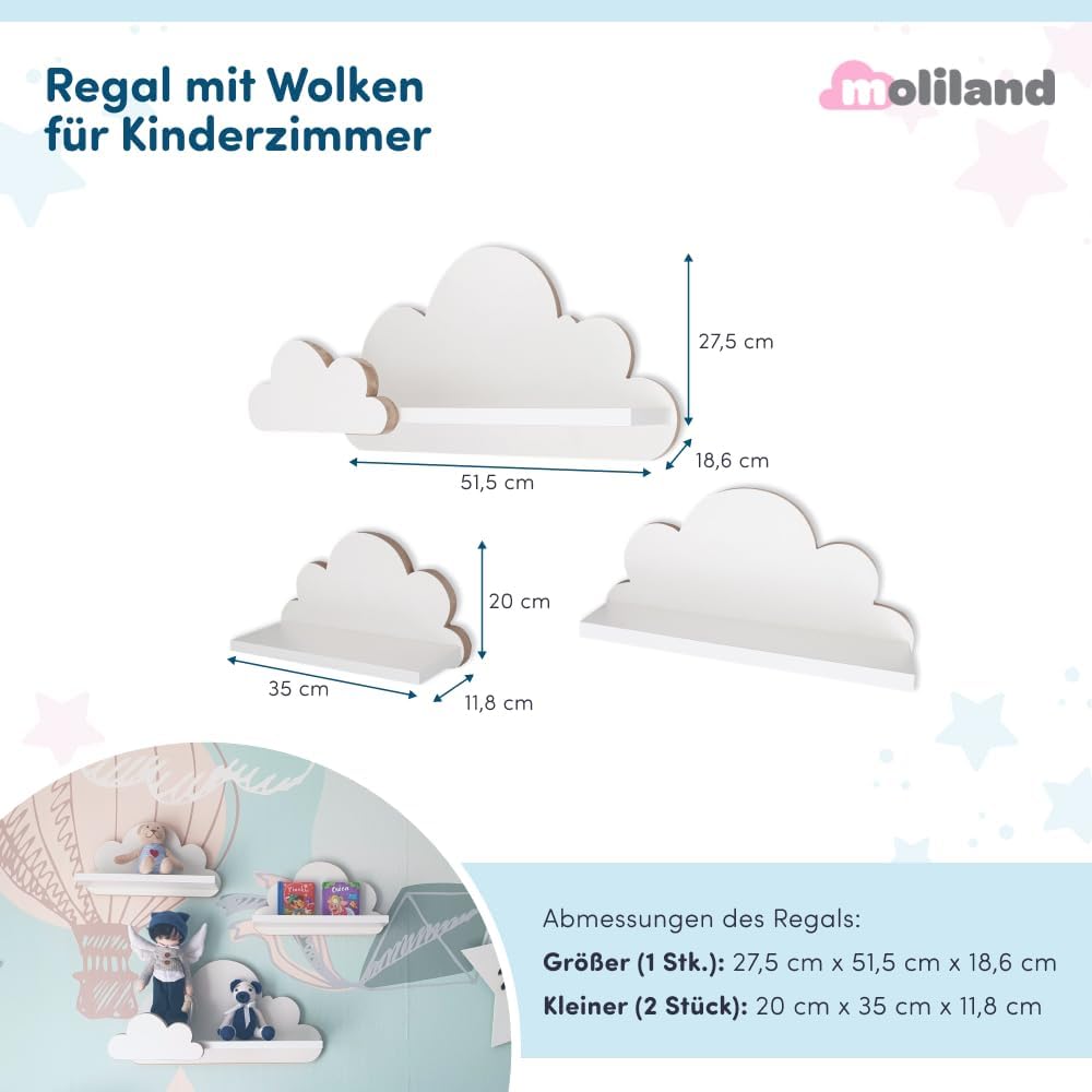 3-teiliges Wolken-Wandregal-Set für Kinderzimmer, Laguna Elegance