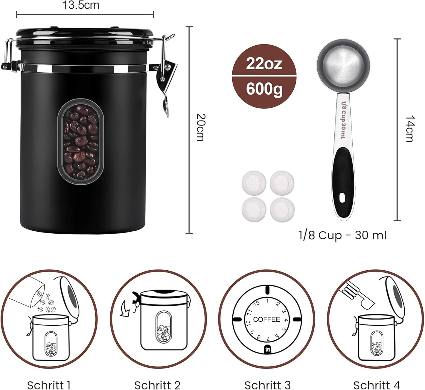 Luftdichte Kaffeedose mit Datumsanzeige, 1.8L-Black