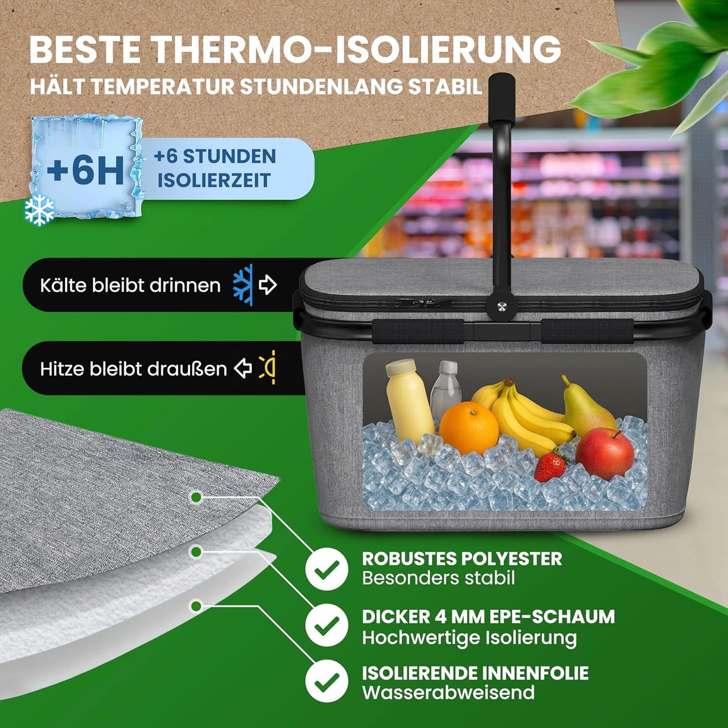 Thermo Einkaufskorb Kühltasche mit Reissverschlussfach, Grau
