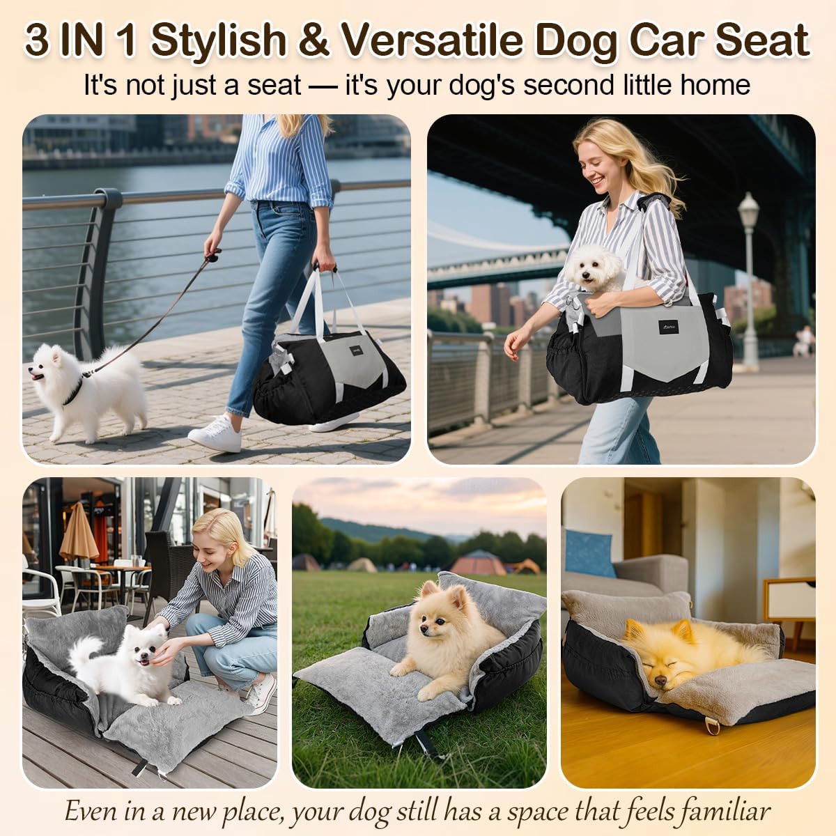 3-in-1 Autositz & Reisebett für kleine Hunde, 01-Schwarz