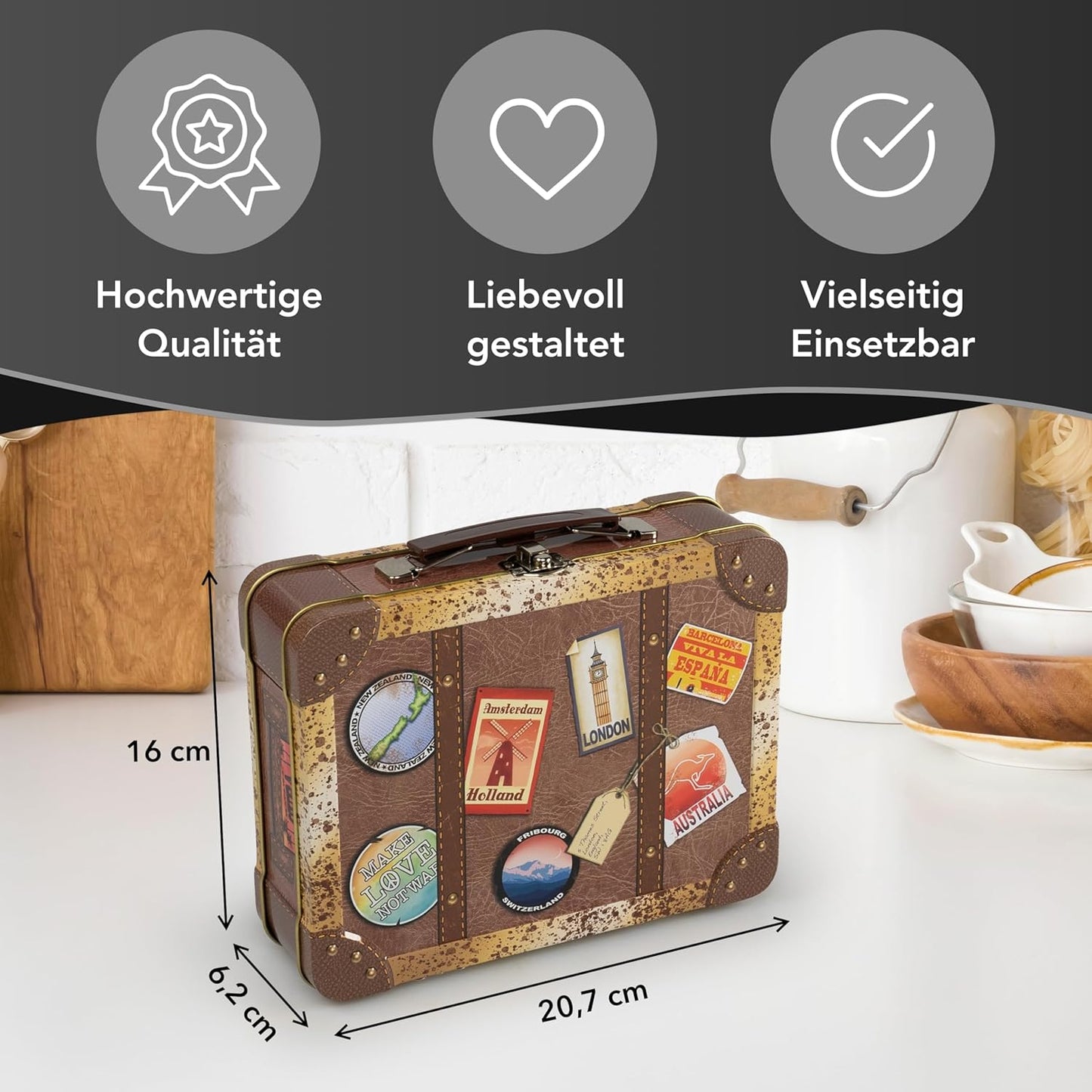 Keksdose mit bunten Stickern, Retro Koffer