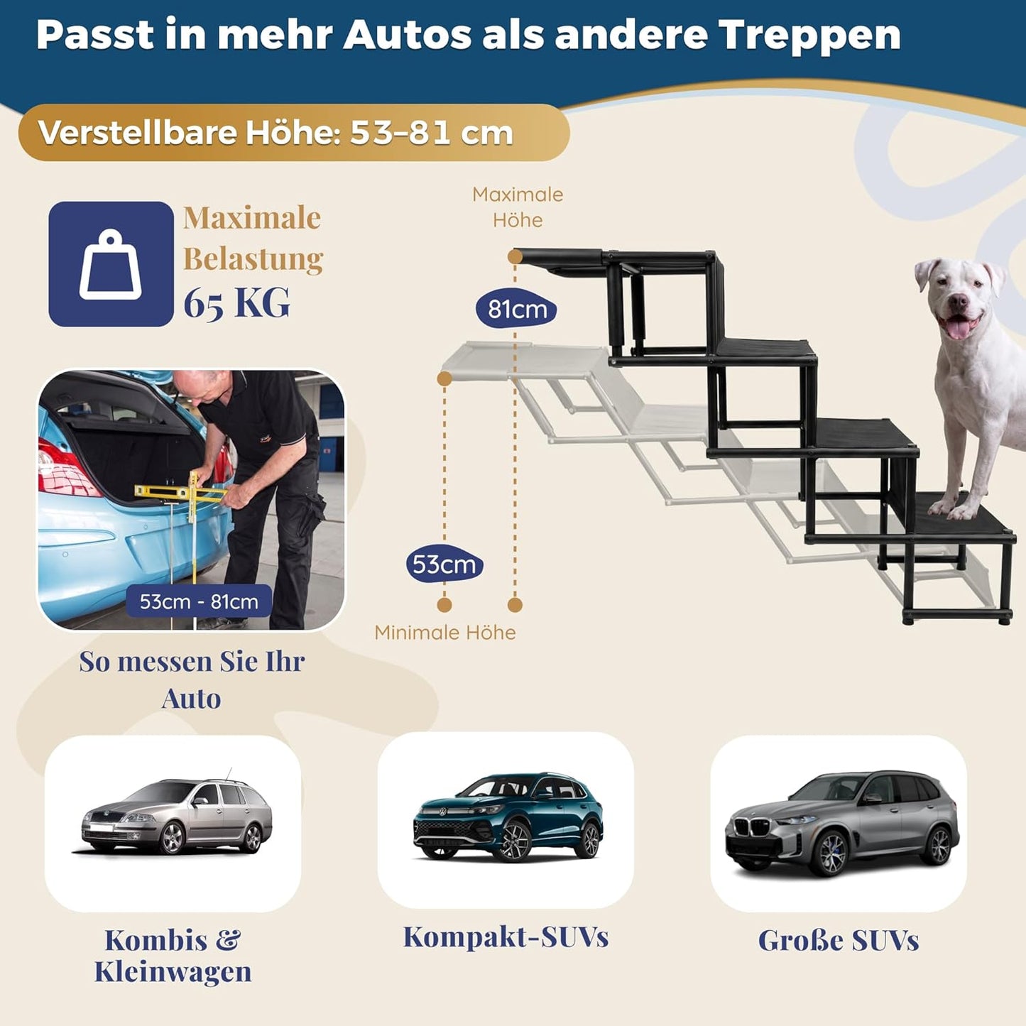 Klappbare Hundetreppe für Autos bis 65 kg, 4