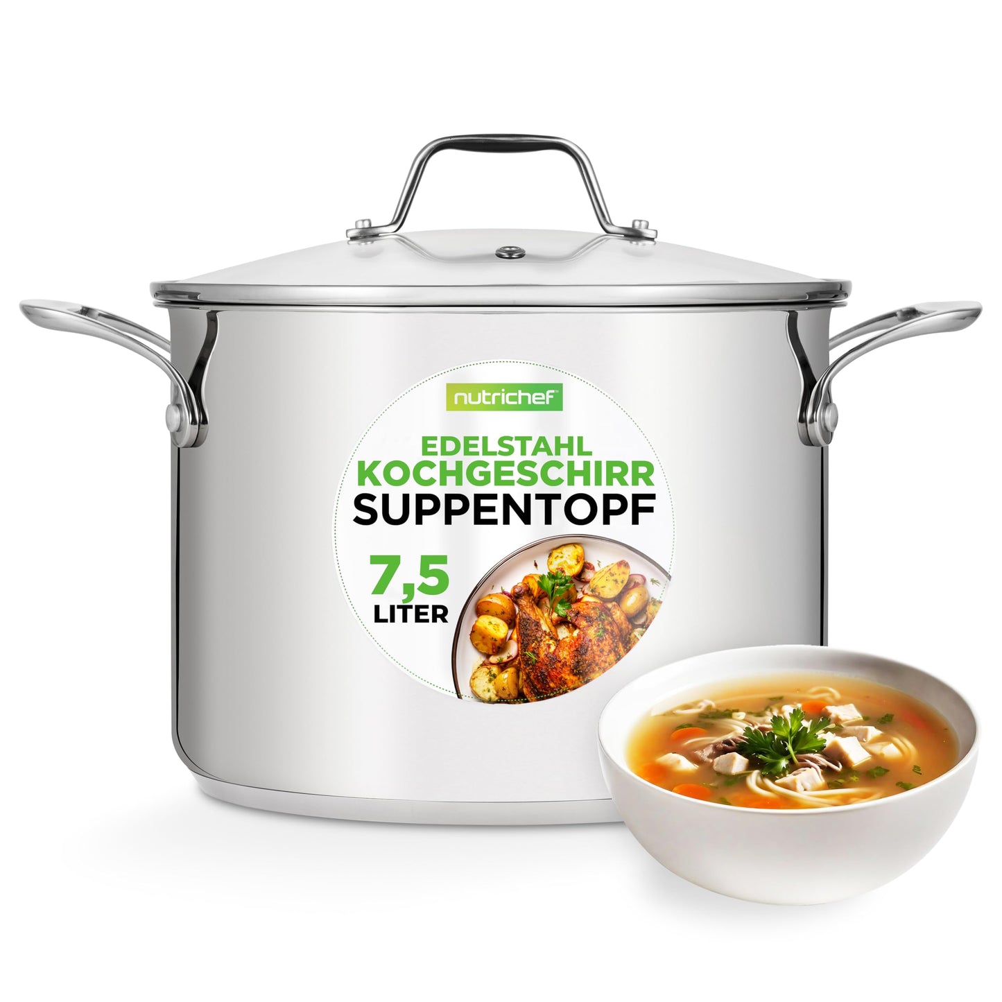 Grosser Suppentopf mit Glasdeckel, 8 Liter Silber
