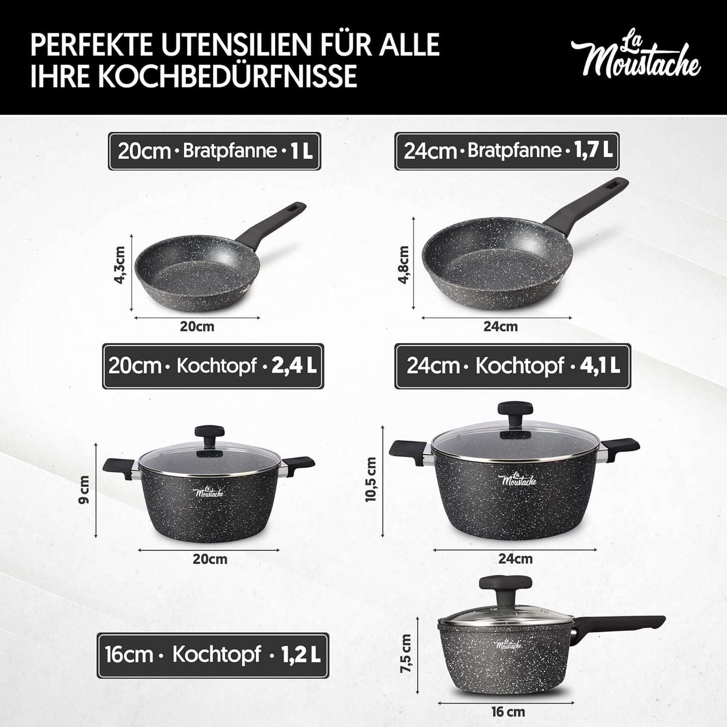 8-teiliges Antihaft-Kochgeschirr-Set für Induktion, 8 Stücke Onix