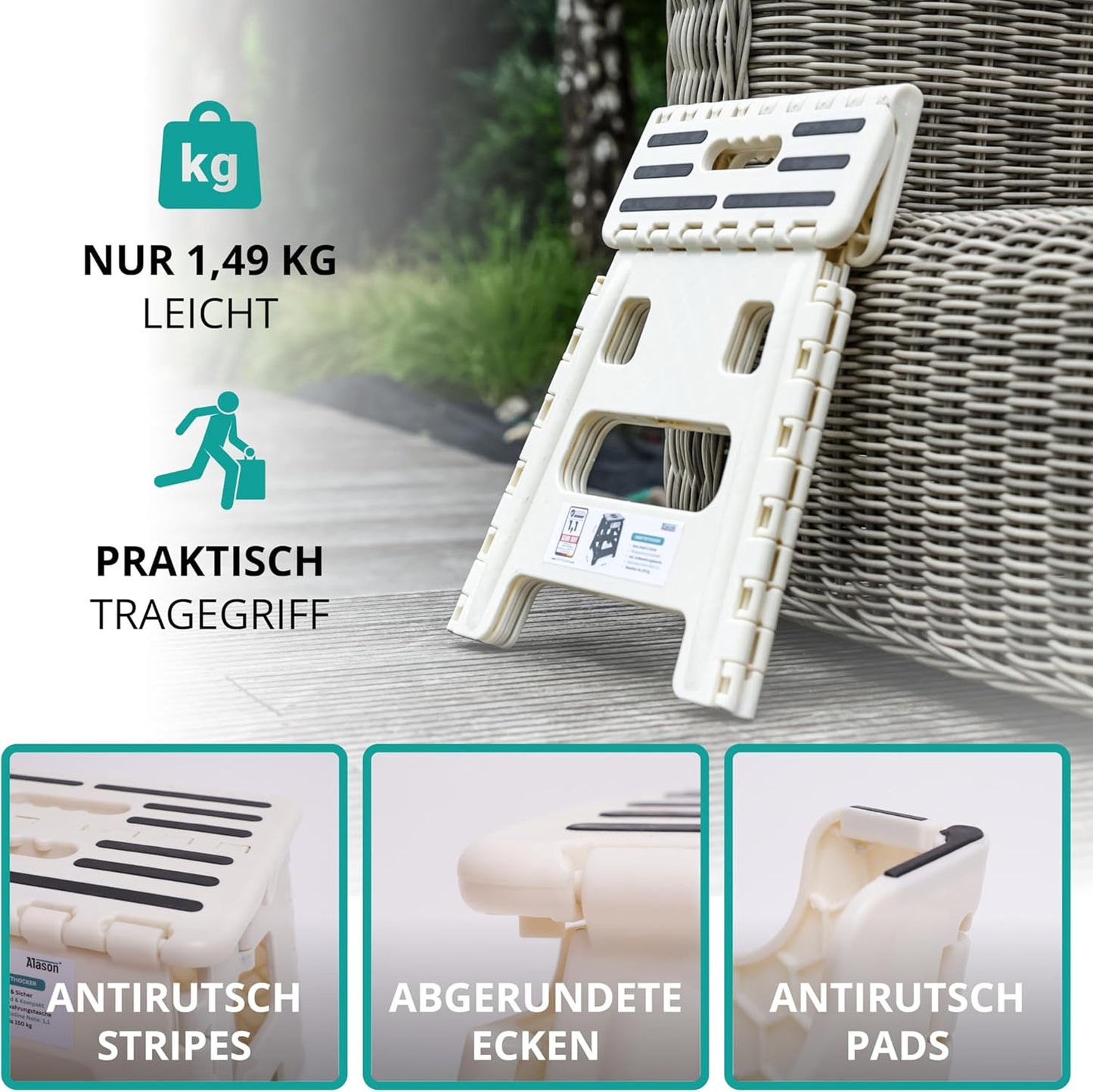 Klappbarer Tritthocker, Weiss/Beige 32cm Hoch