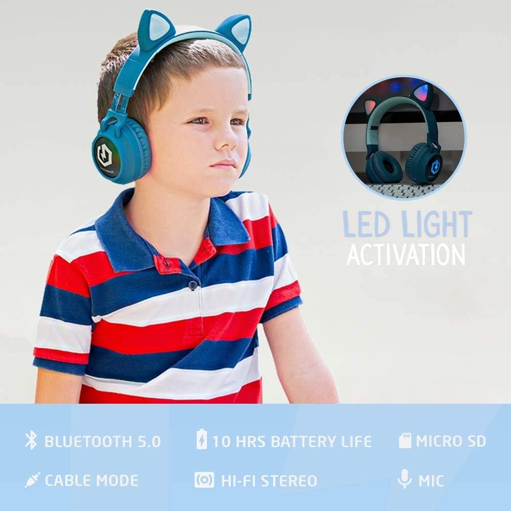 Bluetooth Kinderkopfhörer mit LED Katzenohren, Blau