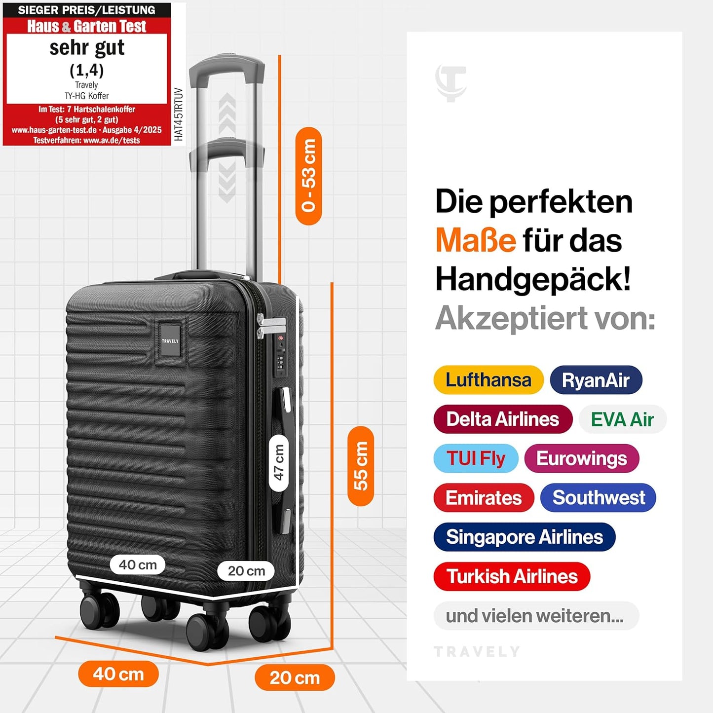 Handgepäckkoffer mit TSA Schloss, Handgepäck Nachtschwarz