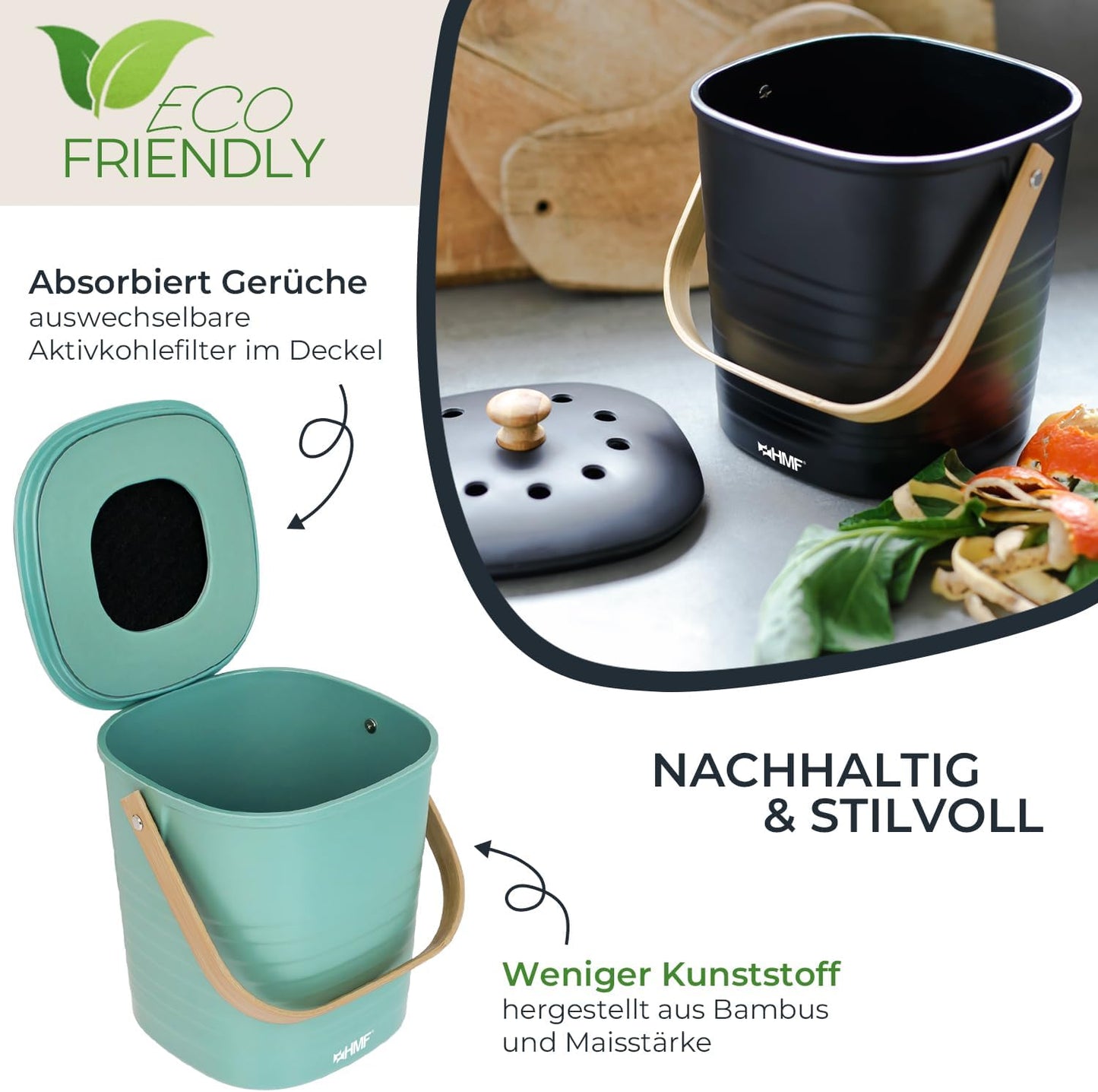 Geruchsdichter Komposteimer mit Deckel, 3 Liter, Grün 3 L