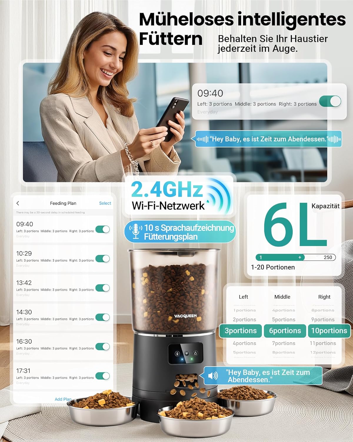 Futterautomat mit App, 3 Näpfen und Timer, Schwarz