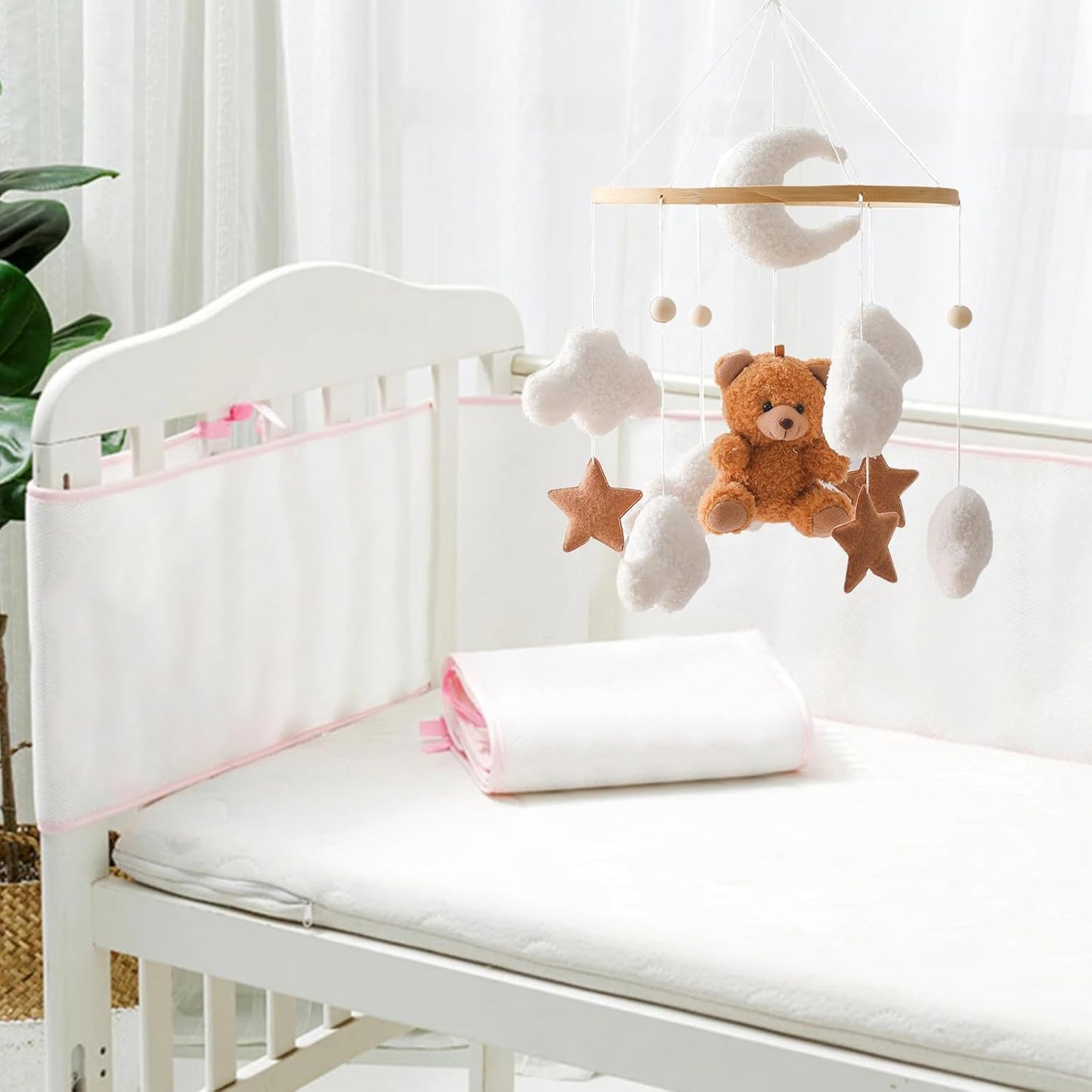 Babybett Mobile mit 3D Bär und Wolken, Braun Bär